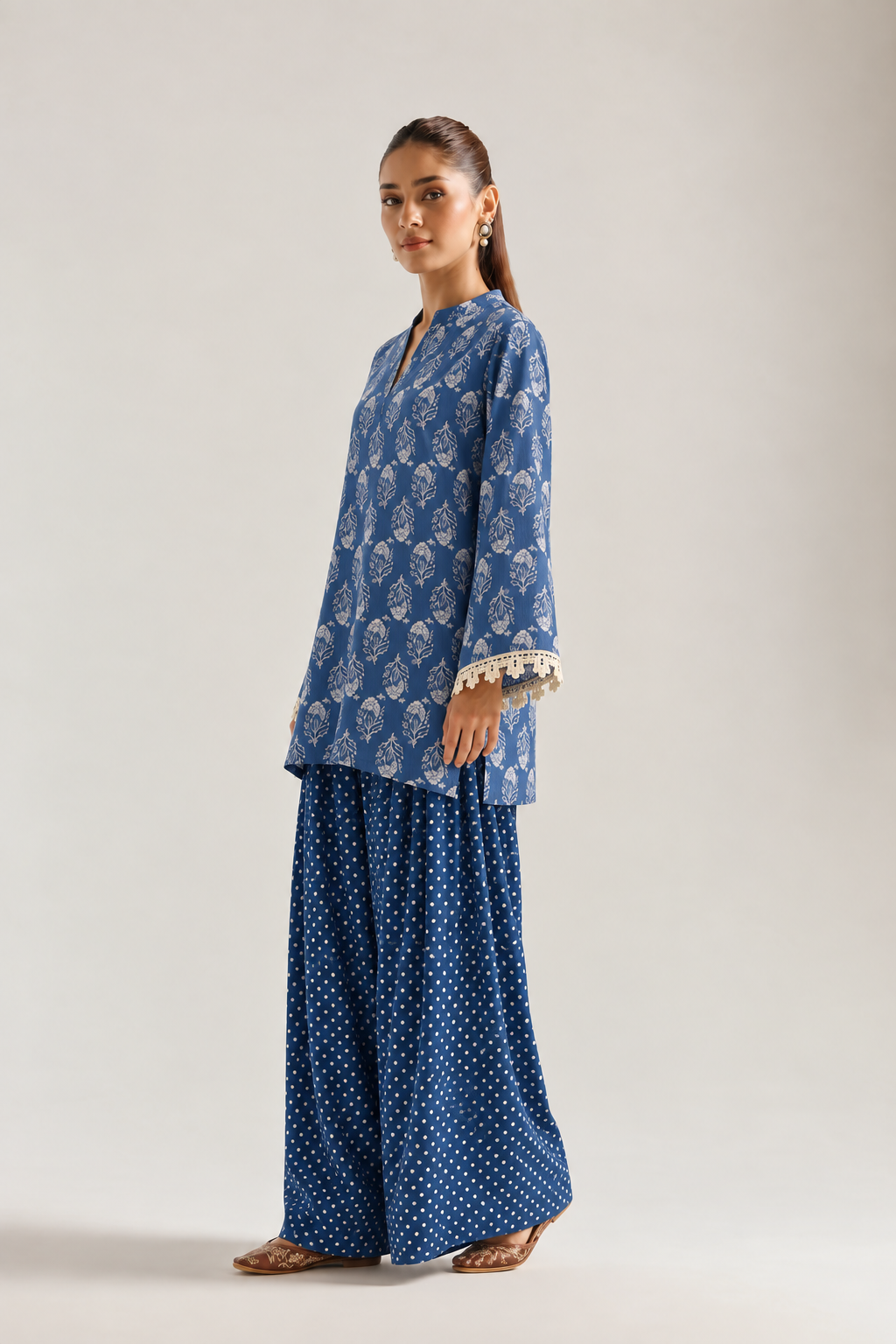 Denim Blue Block Bloom Farsi Salwar Co-ord Set for Women