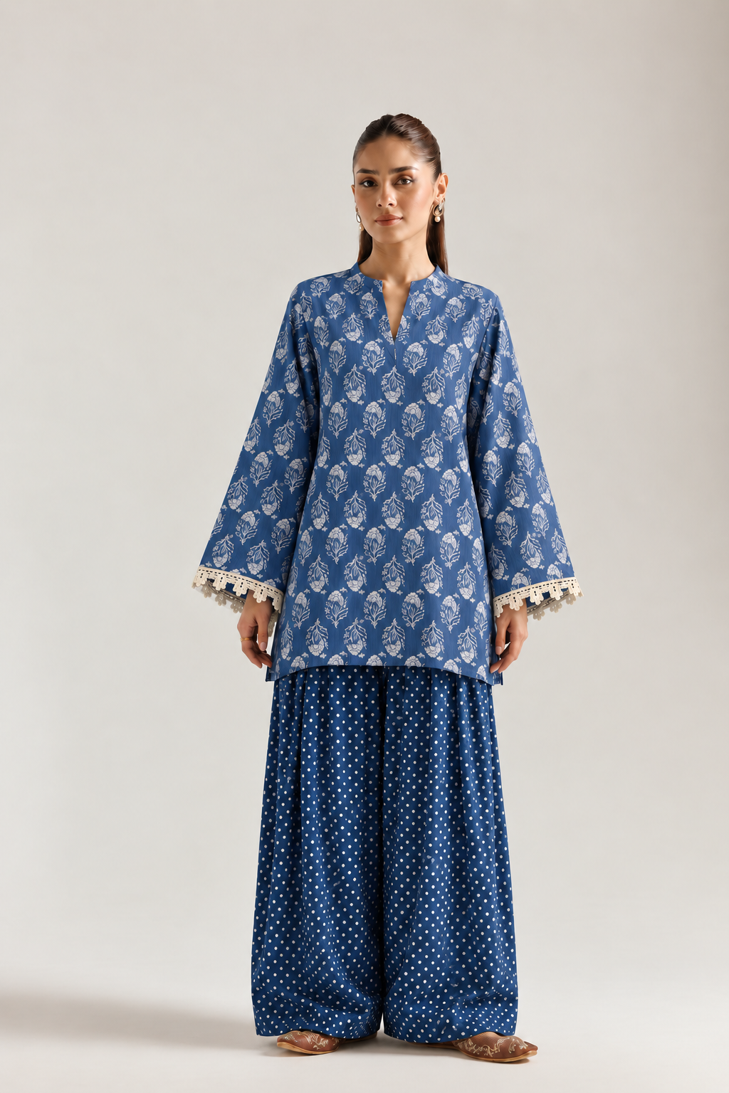 Denim Blue Block Bloom Farsi Salwar Co-ord Set for Women
