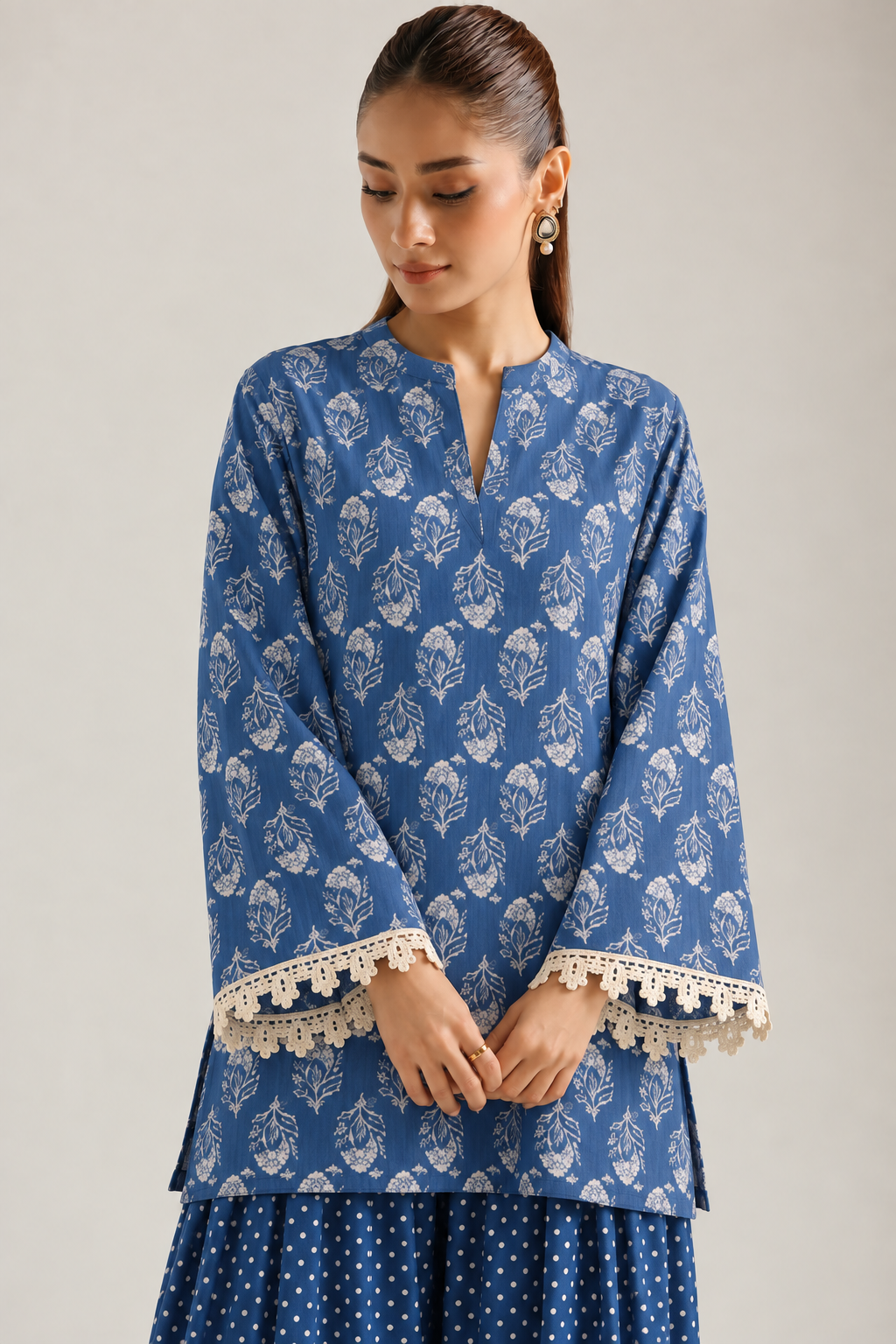 Denim Blue Block Bloom Farsi Salwar Co-ord Set for Women