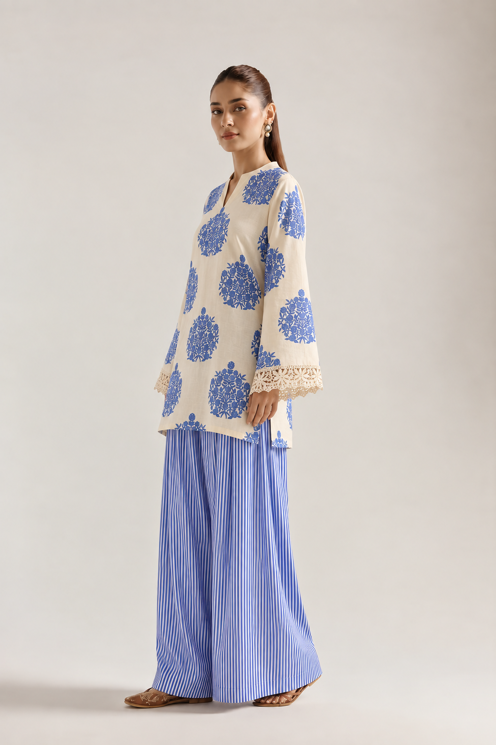 Ivory Cobalt Medallion Stripe Farsi Salwar Co-ord Set for Women