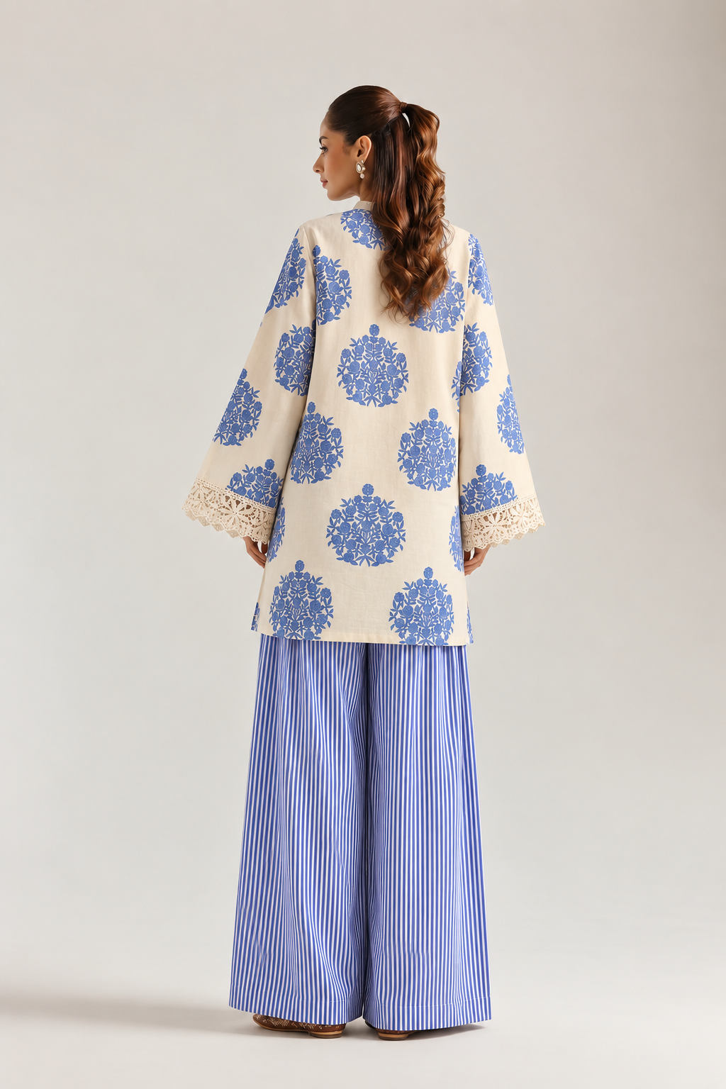 Ivory Cobalt Medallion Stripe Farsi Salwar Co-ord Set for Women