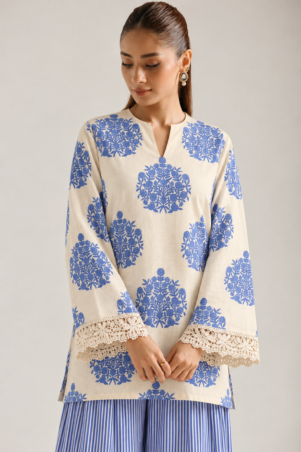 Ivory Cobalt Medallion Stripe Farsi Salwar Co-ord Set for Women