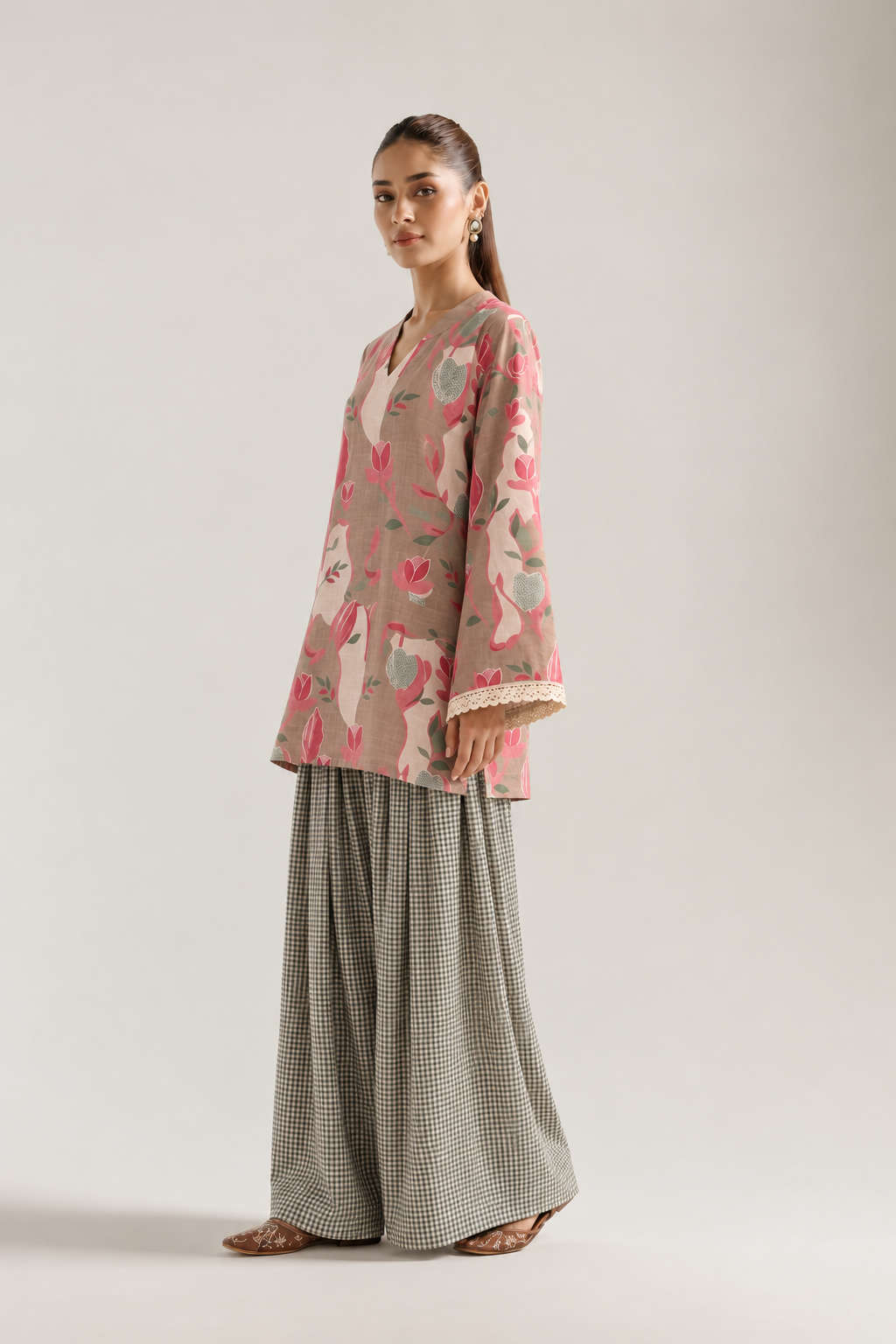 Dusty Rose Tulip Gingham Farsi Salwar Co-ord Set for Women