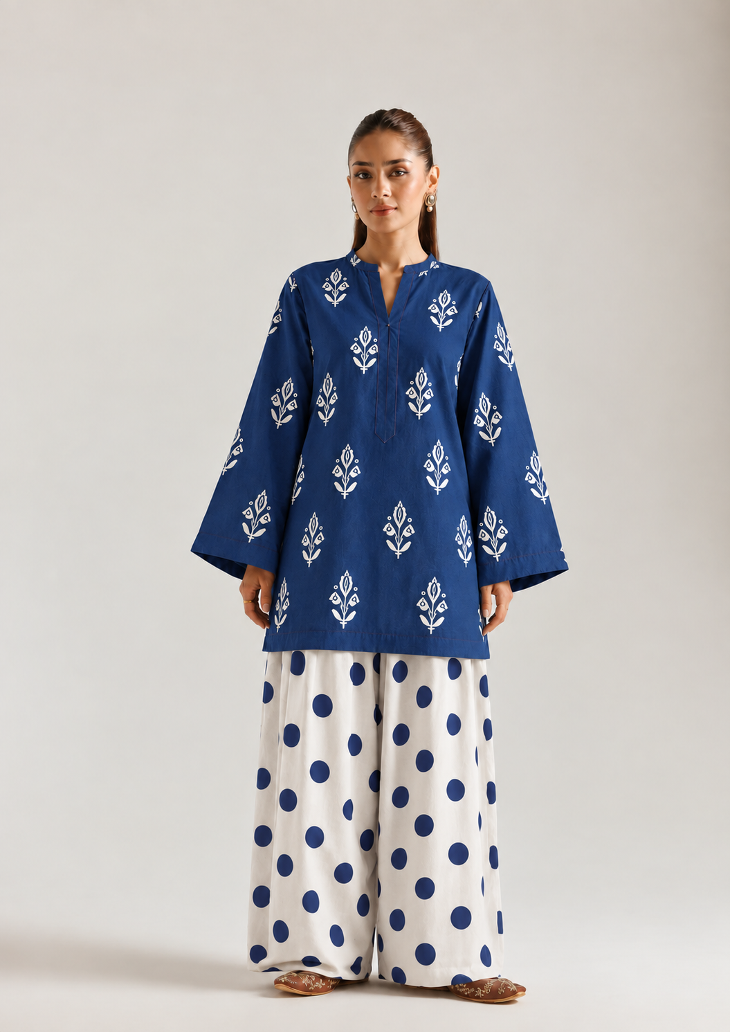 Indigo Ivory Botanical Polka Farsi Salwar Co-ord Set for Women