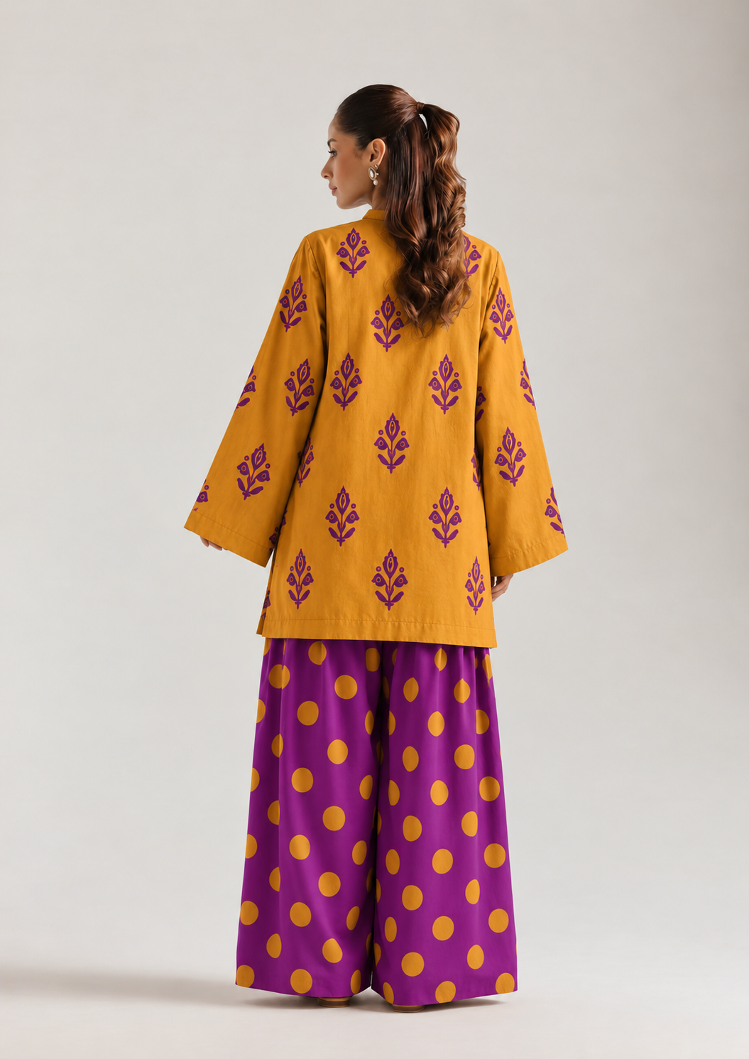 Mustard Orchid Botanical Polka Farsi Salwar Co-ord Set for Women