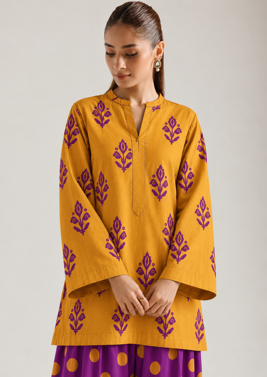 Mustard Orchid Botanical Polka Farsi Salwar Co-ord Set for Women