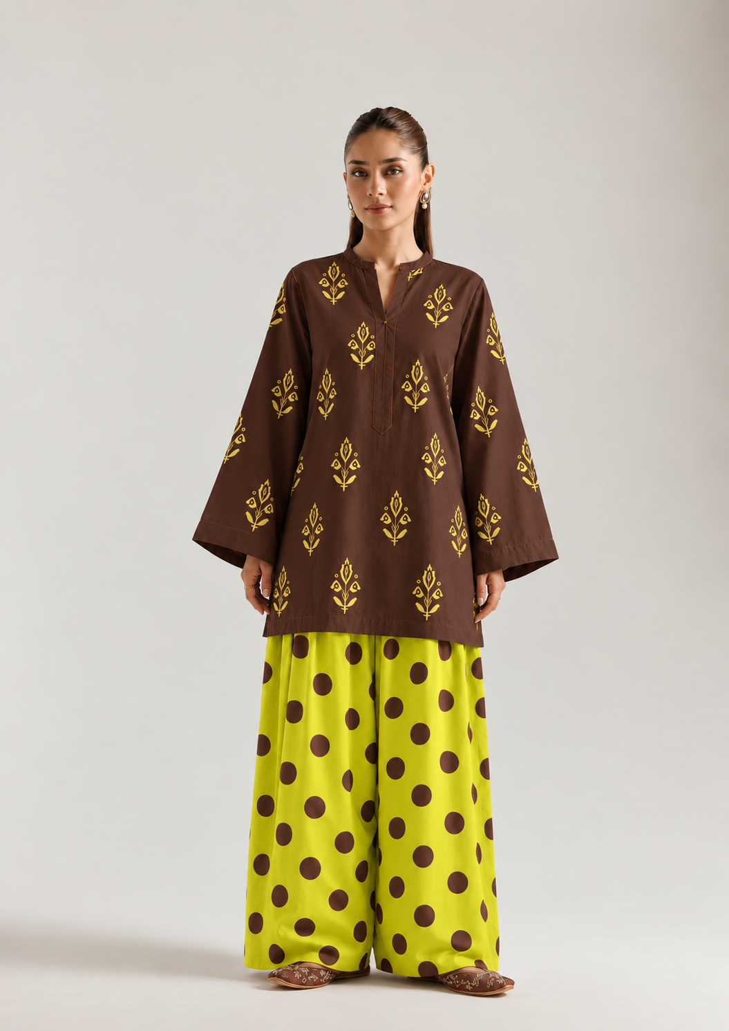 Cocoa Lime Botanical Polka Farsi Salwar Co-ord Set for Women