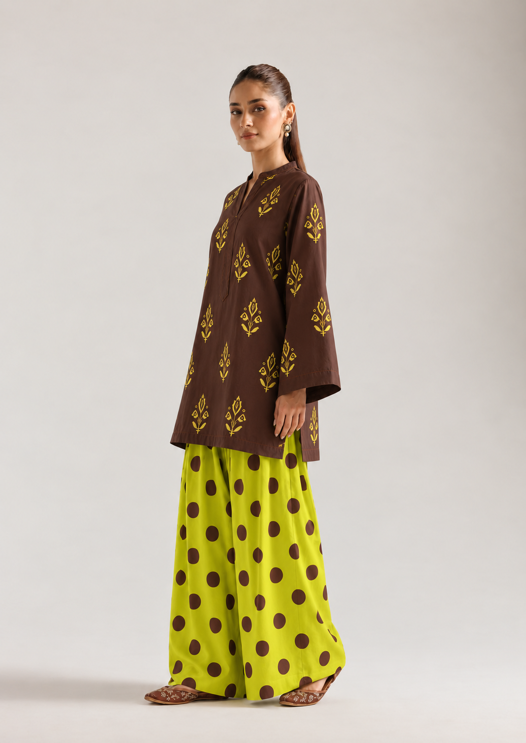 Cocoa Lime Botanical Polka Farsi Salwar Co-ord Set for Women