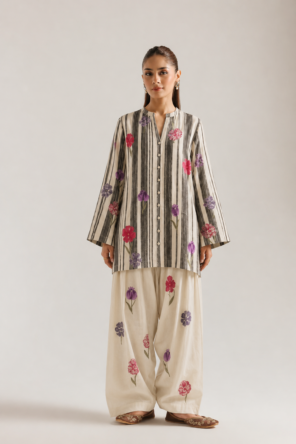 Off White Floral Striped Print Mandarin Neck Pure Cotton Farsi Salwar Co-Ord Set For Women