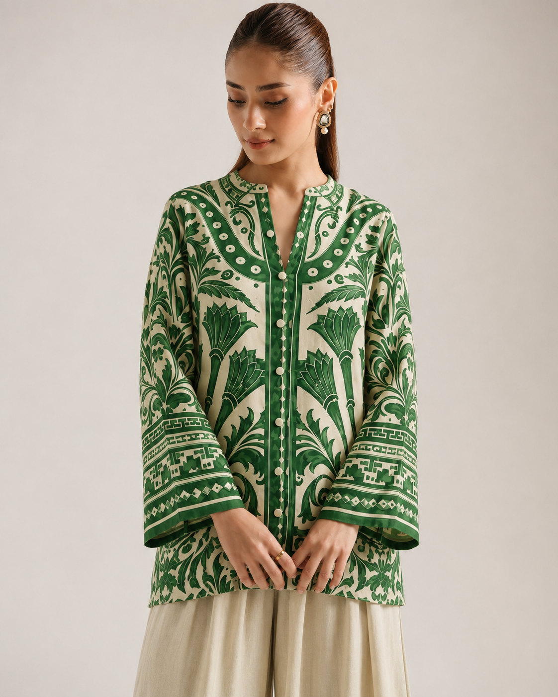 Green Floral Print Mandarin Neck Farshi Salwar Co-Ord Set For Women