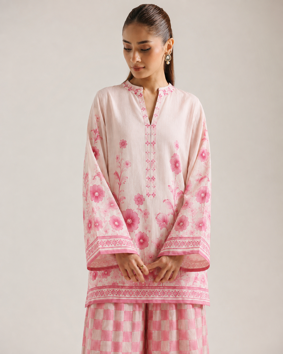 Off White Floral Print Mandarin Collar Farshi Salwar Co-Ord Set For Women