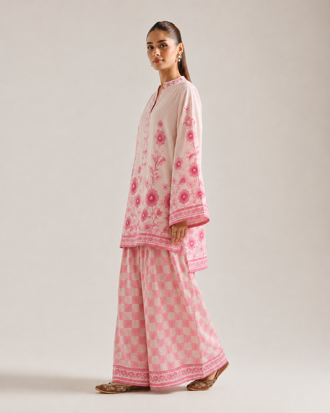 Off White Floral Print Mandarin Collar Farshi Salwar Co-Ord Set For Women