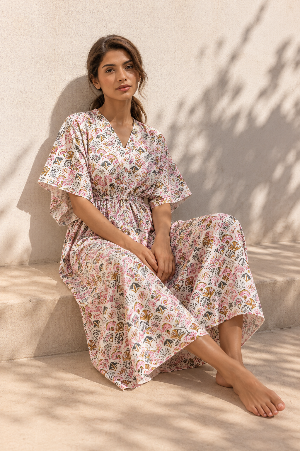 Off White V-Neck Maxi Pure Cotton Ethnic Motifs Nighty For Women