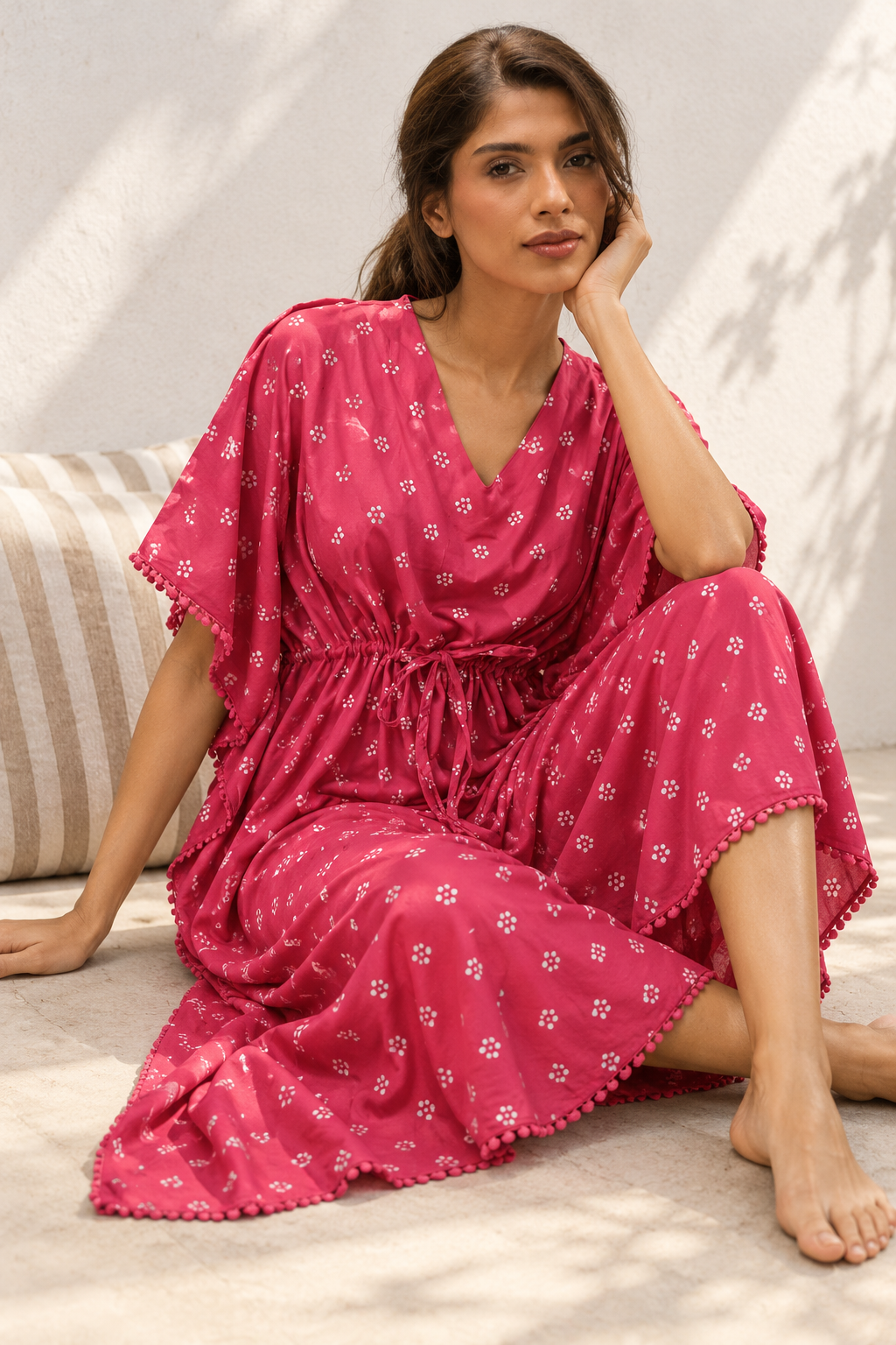 Pink V-Neck Maxi Pure Cotton Floral Nighty For Women