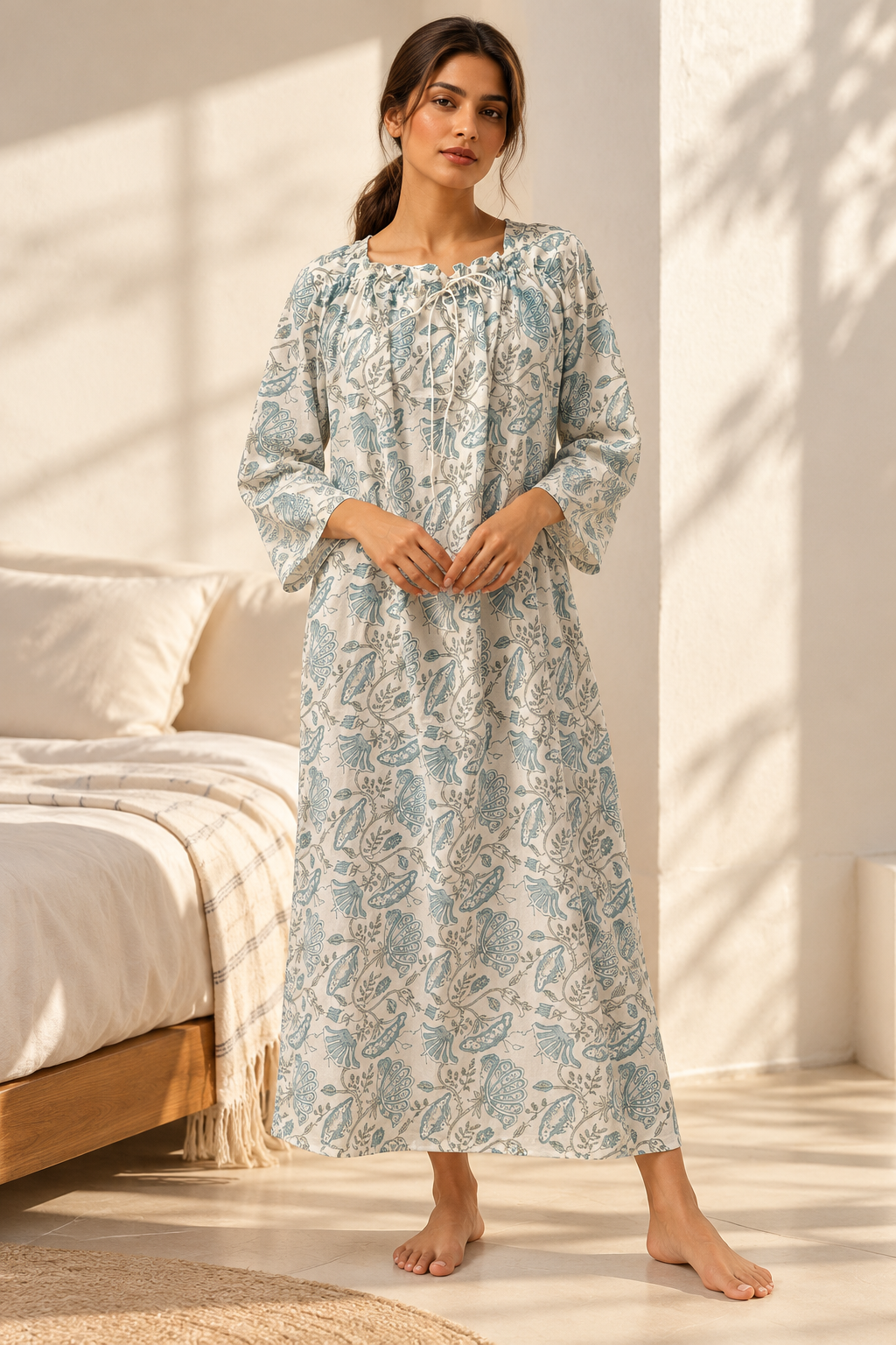 Off White Square Neck Pure Cotton Floral Nighty For Women