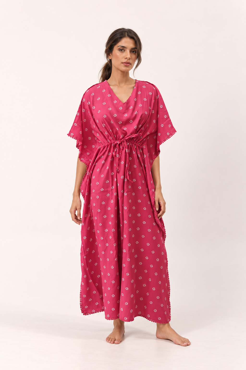 Pink V-Neck Maxi Pure Cotton Floral Nighty For Women