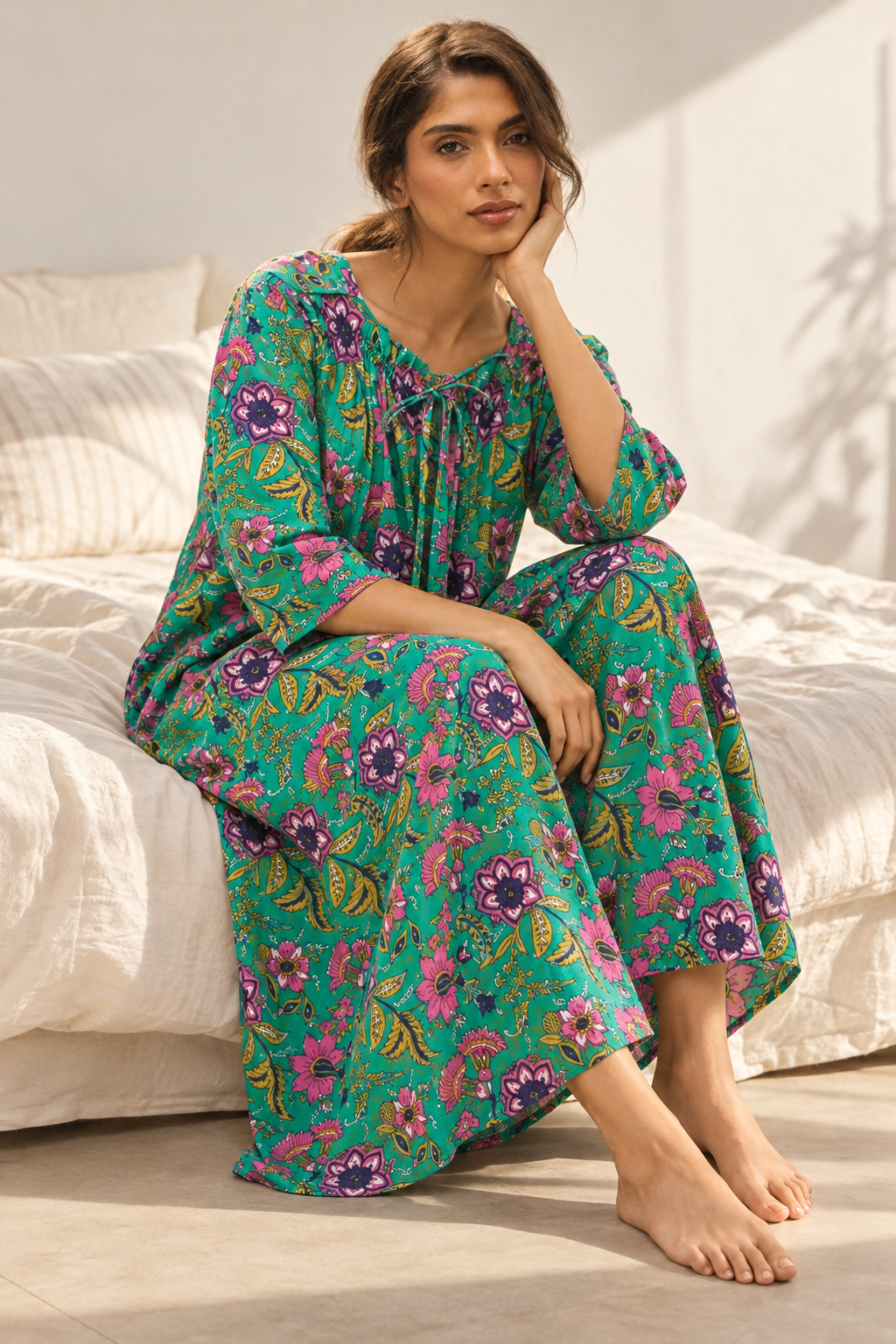 Green Floral print Square Neck Maxi Pure Cotton Nighty For Women