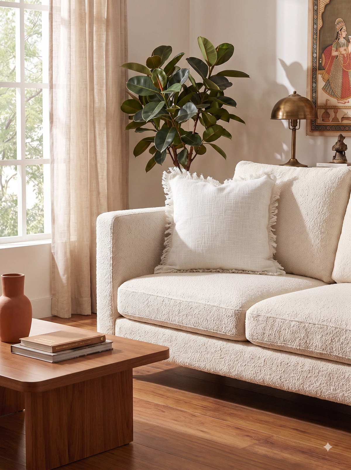Off-White Textured Cotton Cushion Cover With Fringed Trim Edges
