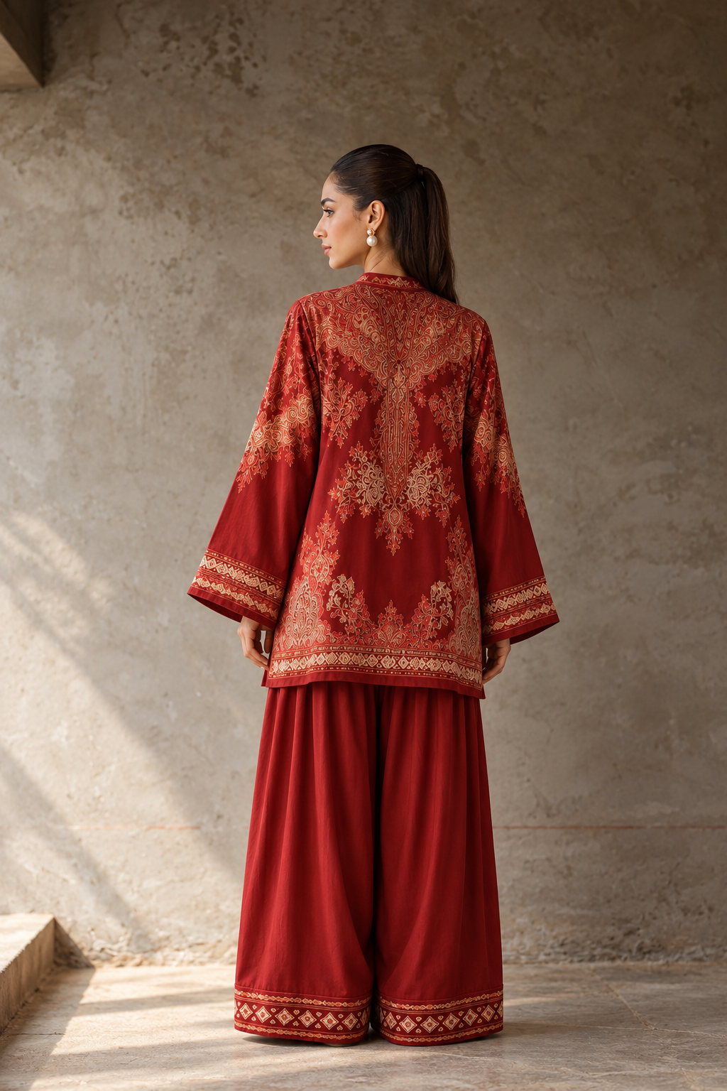 Red Mandarin Neck Paisley Print Tunic & Farshi Salwar Co-Ord Set For Women