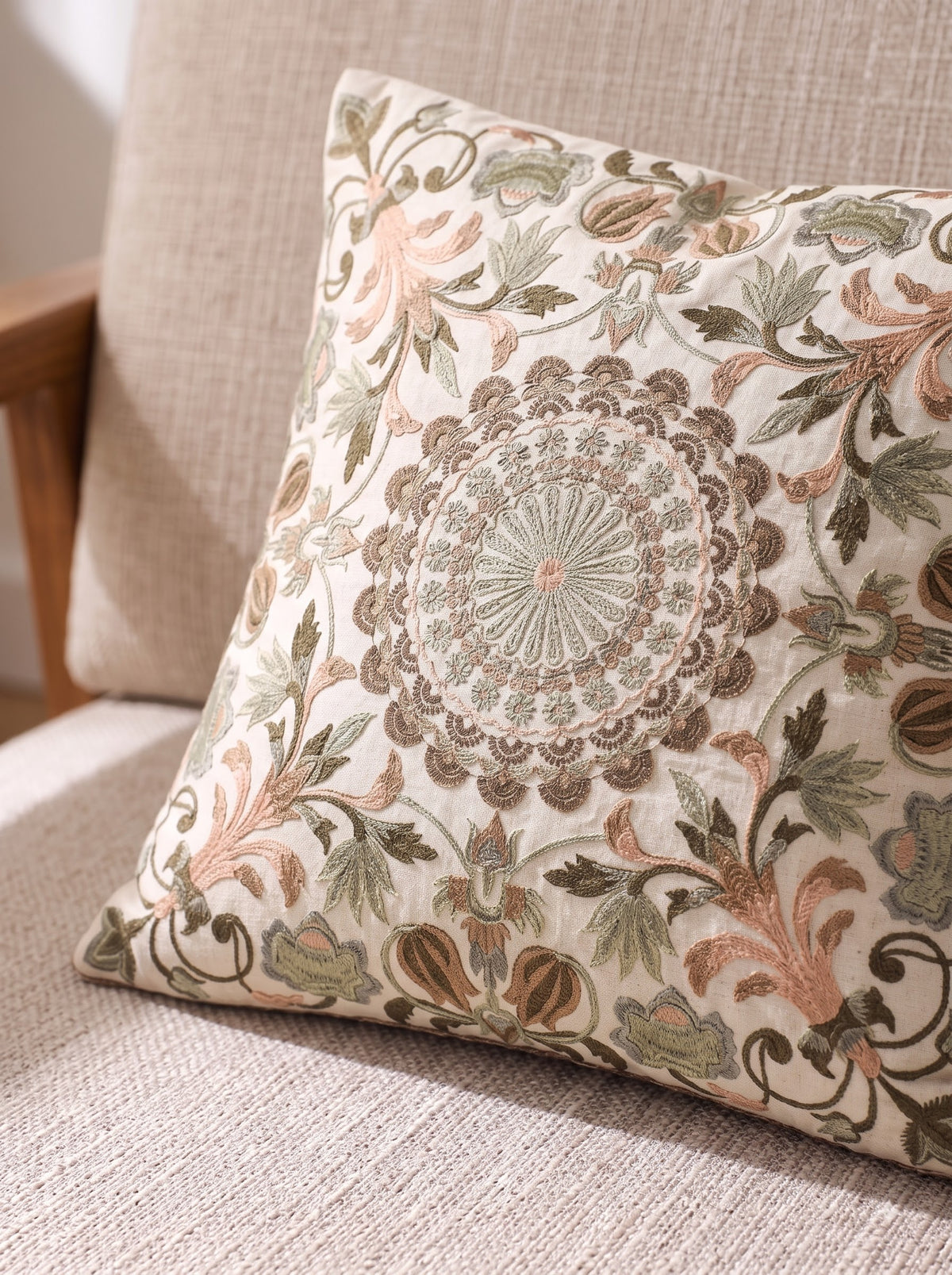 Blush Pink & Sage Cotton Embroidered Floral Mandala Cushion Cover