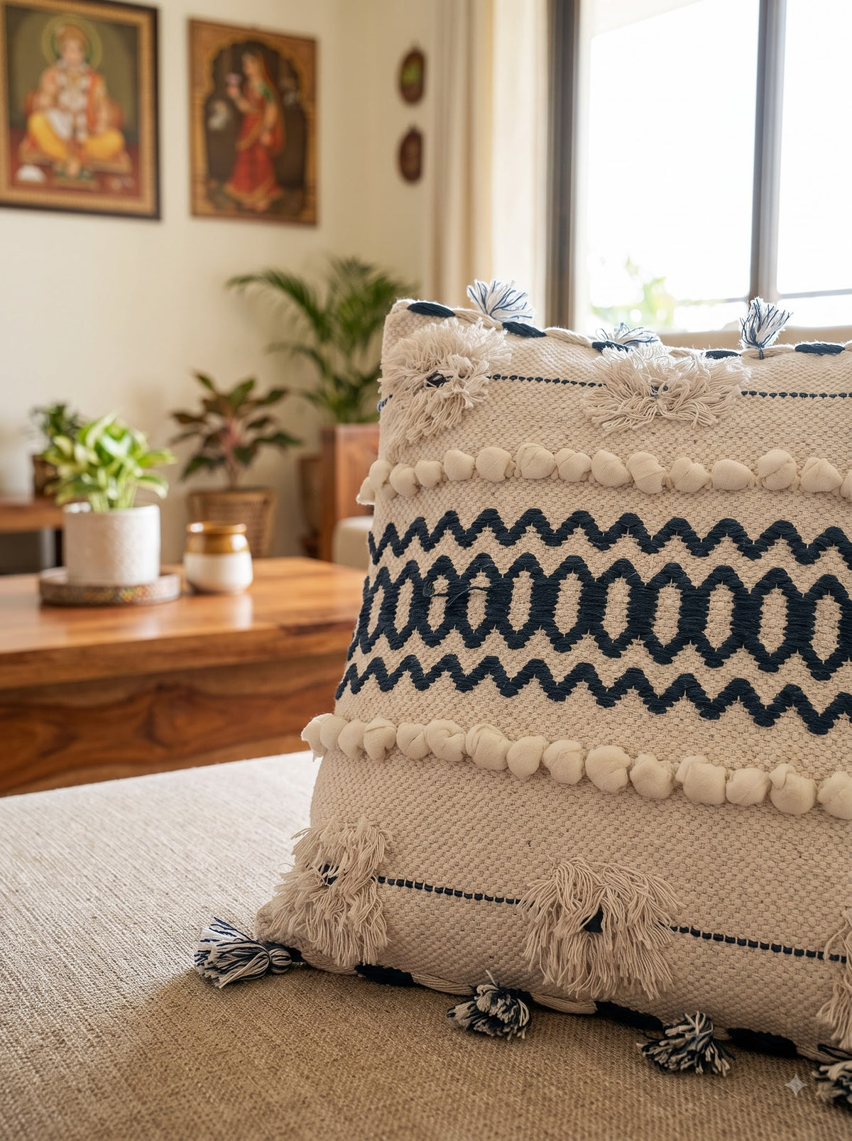 Blue Geometric Embroidered Cotton Square Cushion Cover