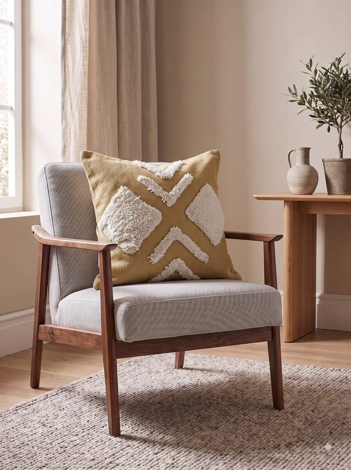 Beige & Off-White Boho Textured Tufted Geometric Cushion Cover For Home Decor