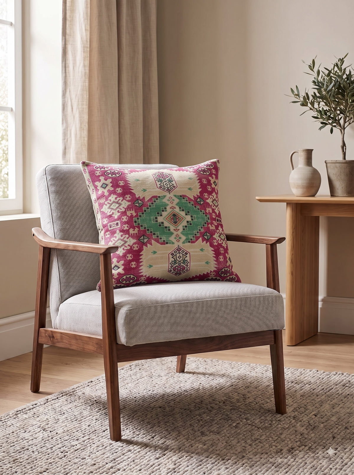 Pink Ethnic Motif Cotton Cushion Cover With Emerald & Ivory Accents