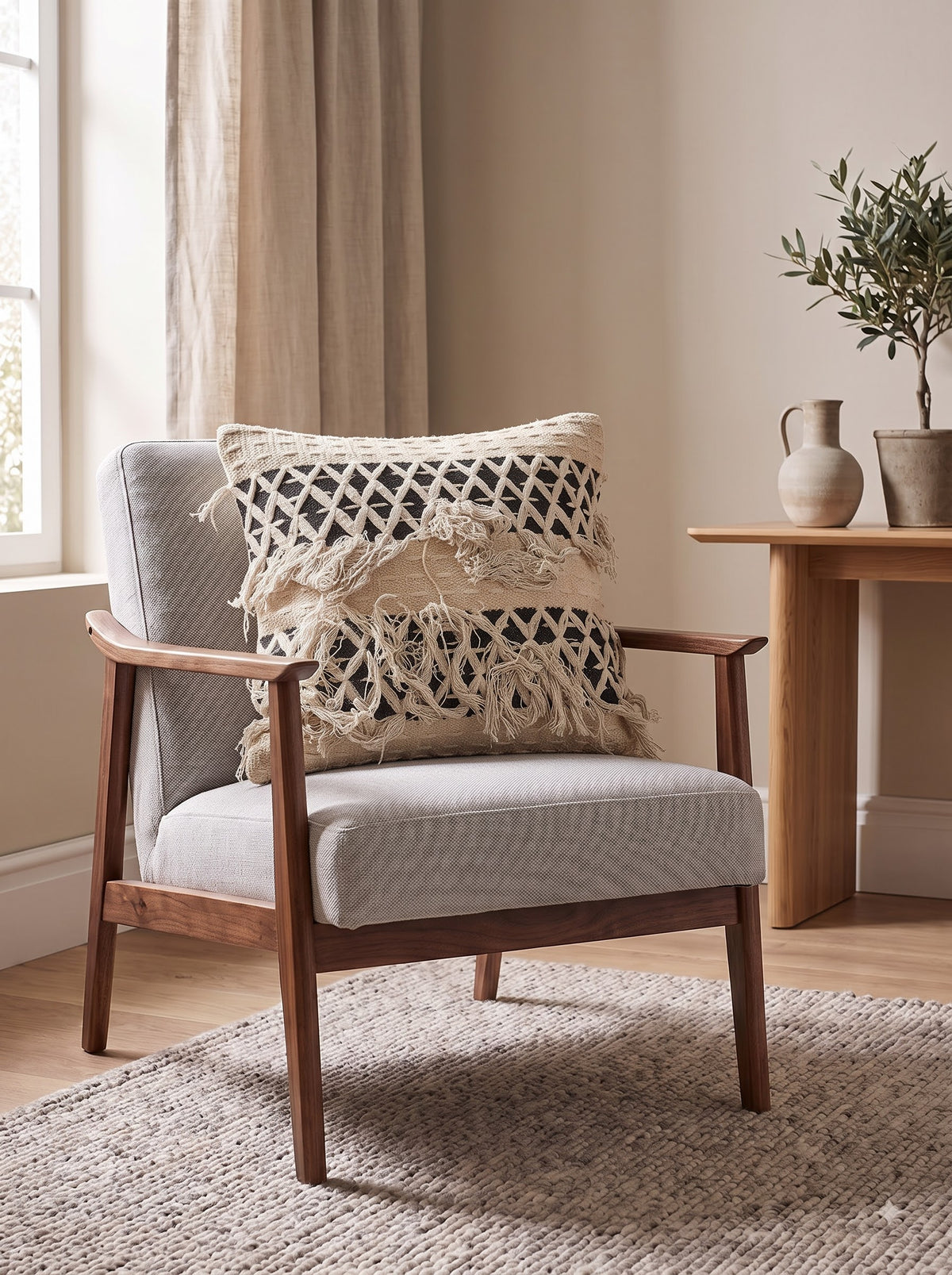 Cream Cotton Tufted Cushion Cover With Black Lattice Pattern & Layered Tassels