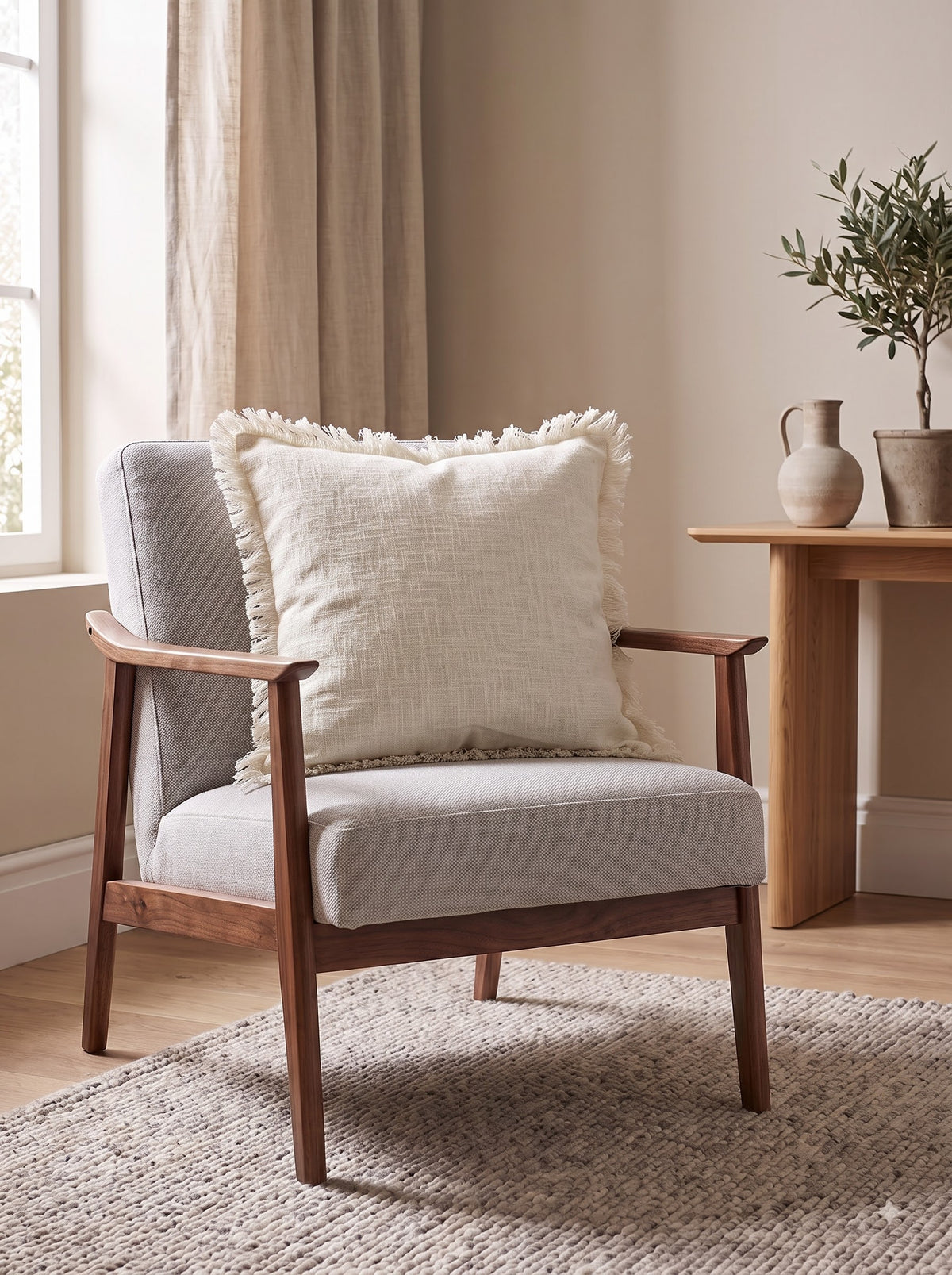 Off-White Textured Cotton Cushion Cover With Fringed Trim Edges