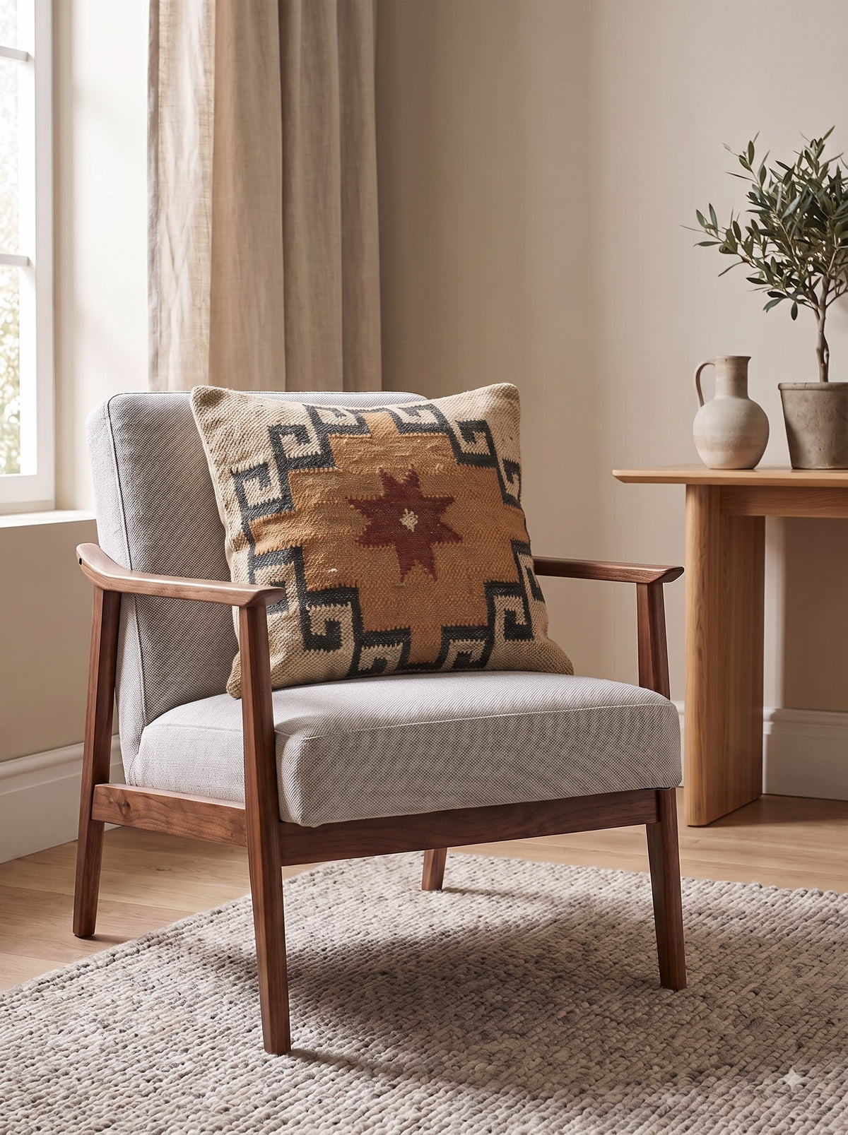 Camel Brown Cotton Cushion Cover With Southwestern Star Motif & Geometric