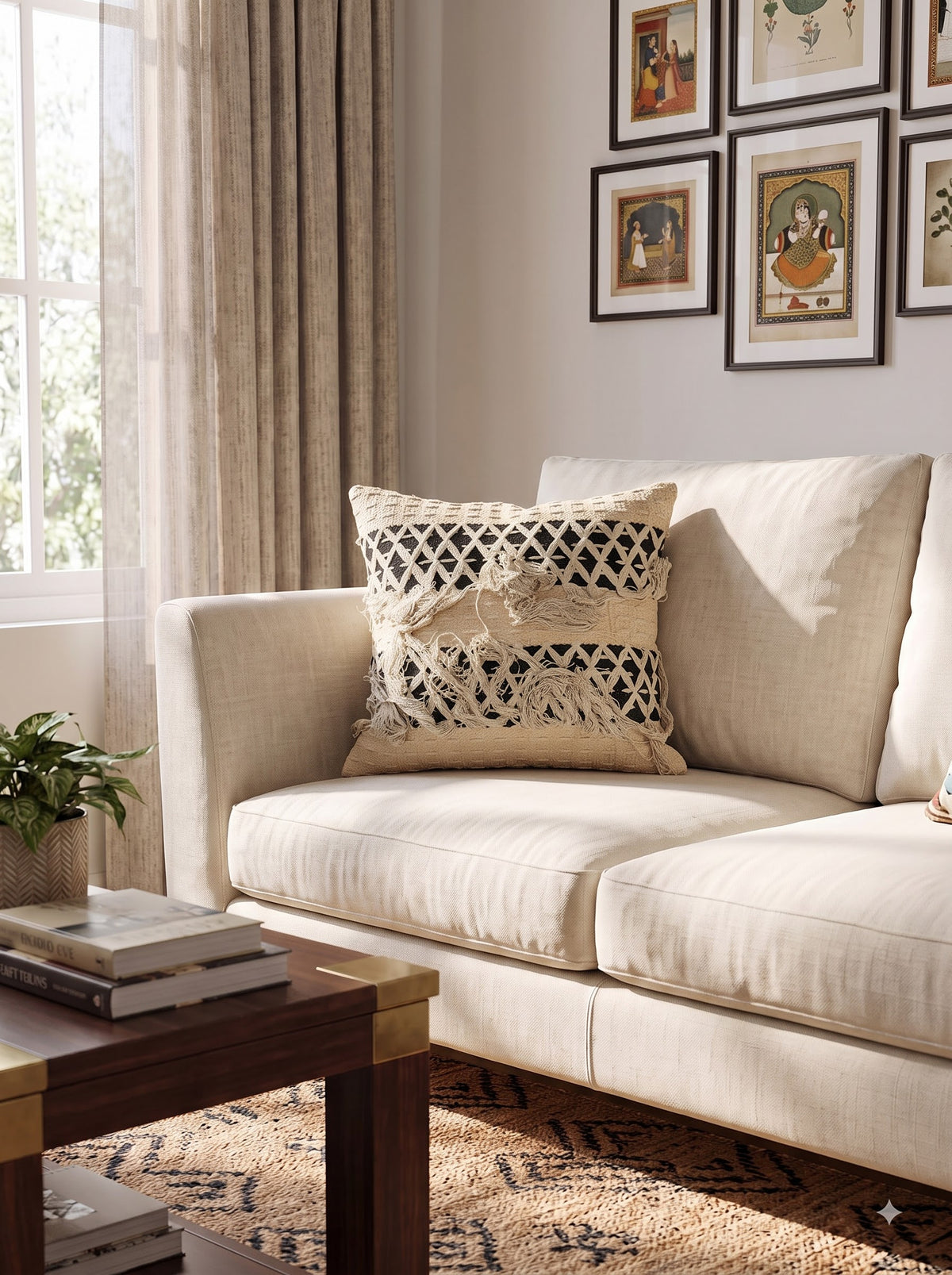 Cream Cotton Tufted Cushion Cover With Black Lattice Pattern & Layered Tassels