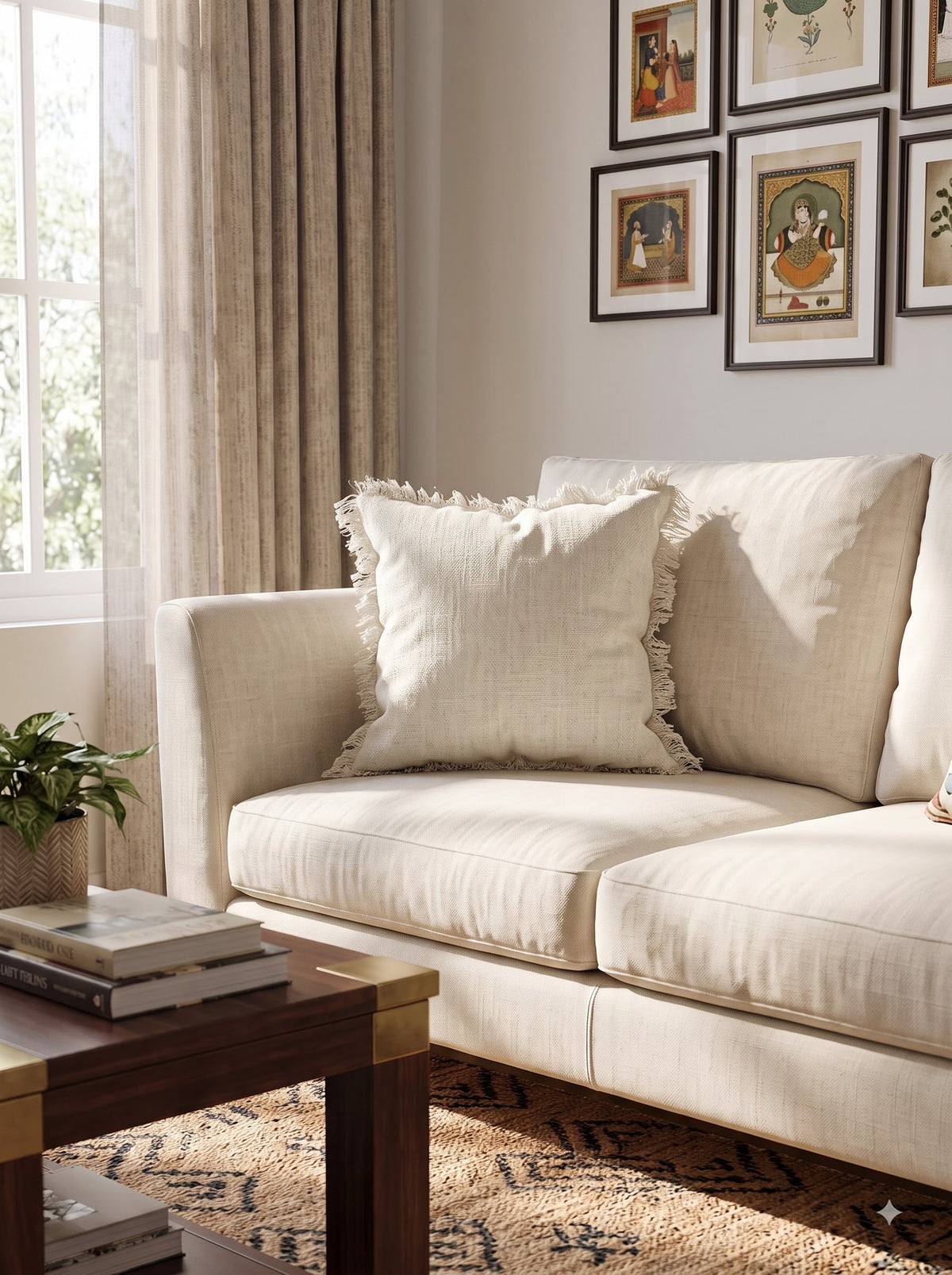 Off-White Textured Cotton Cushion Cover With Fringed Trim Edges