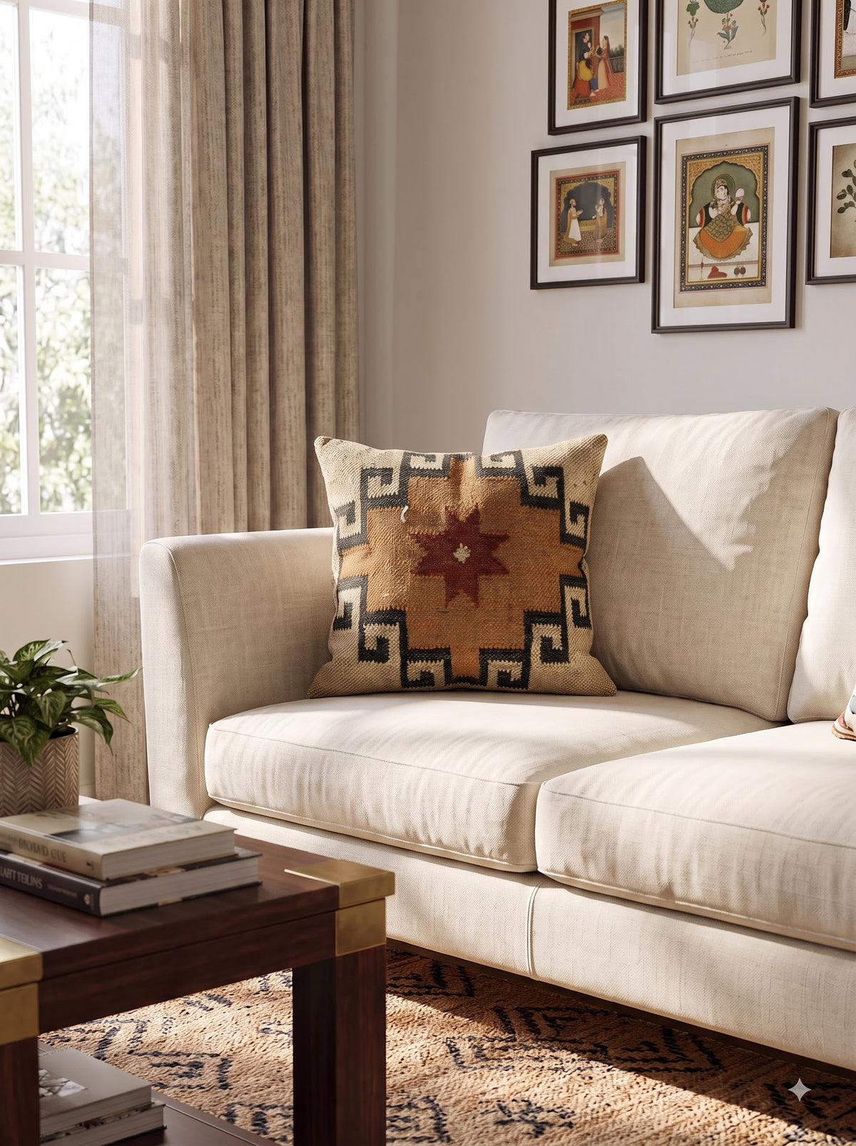 Camel Brown Cotton Cushion Cover With Southwestern Star Motif & Geometric