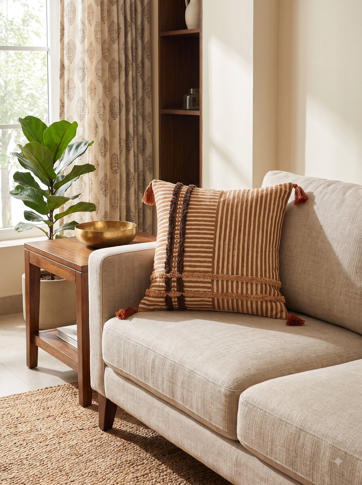 Brown Striped Textured Cotton Square Cushion Cover For Warm & Stylish Home Decor