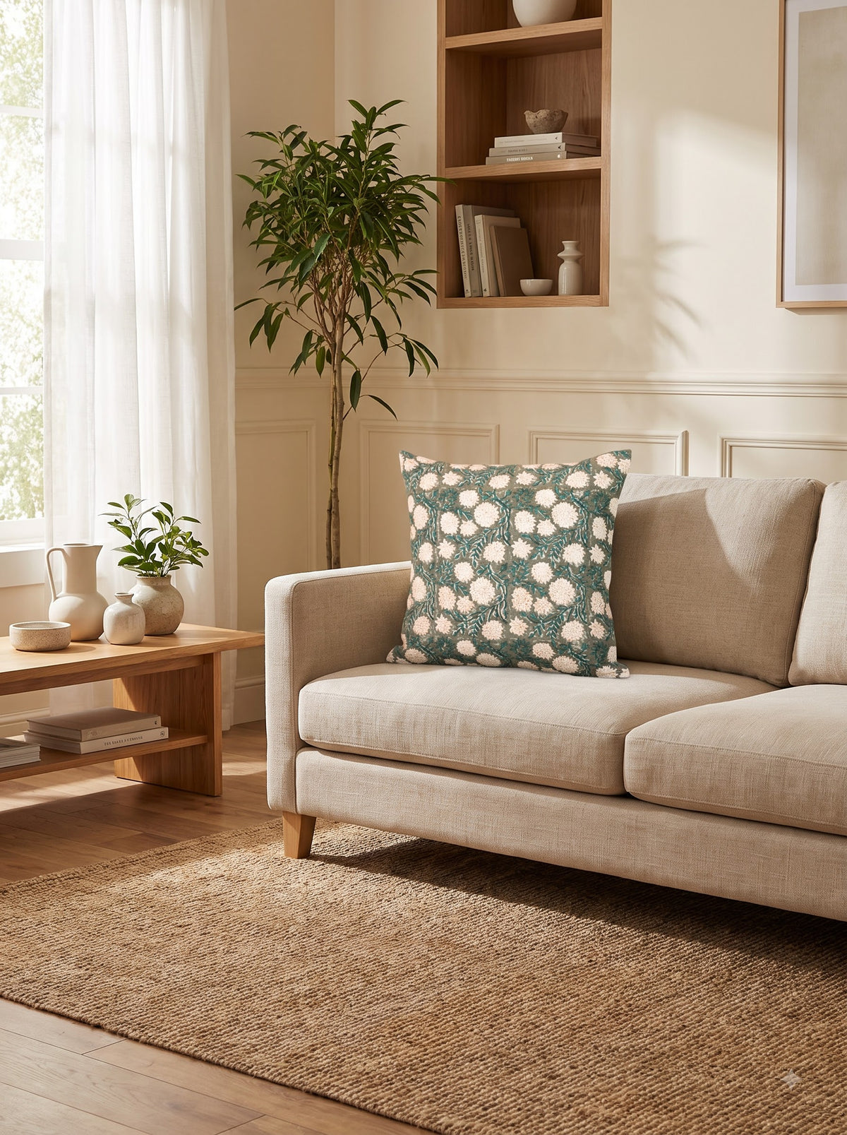 Off White Floral Textured Cotton Square Cushion Cover