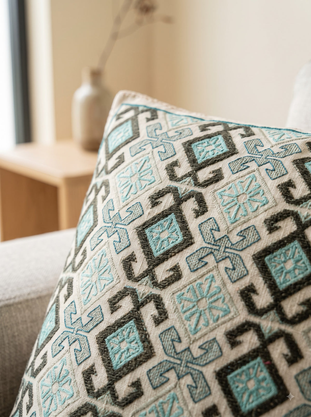 Sea Green Pure Cotton Geometric Embroidered Decorative Cushion Cover