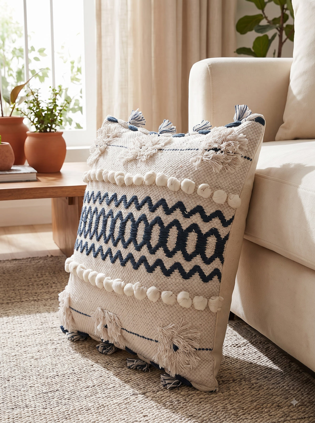 Blue Geometric Embroidered Cotton Square Cushion Cover