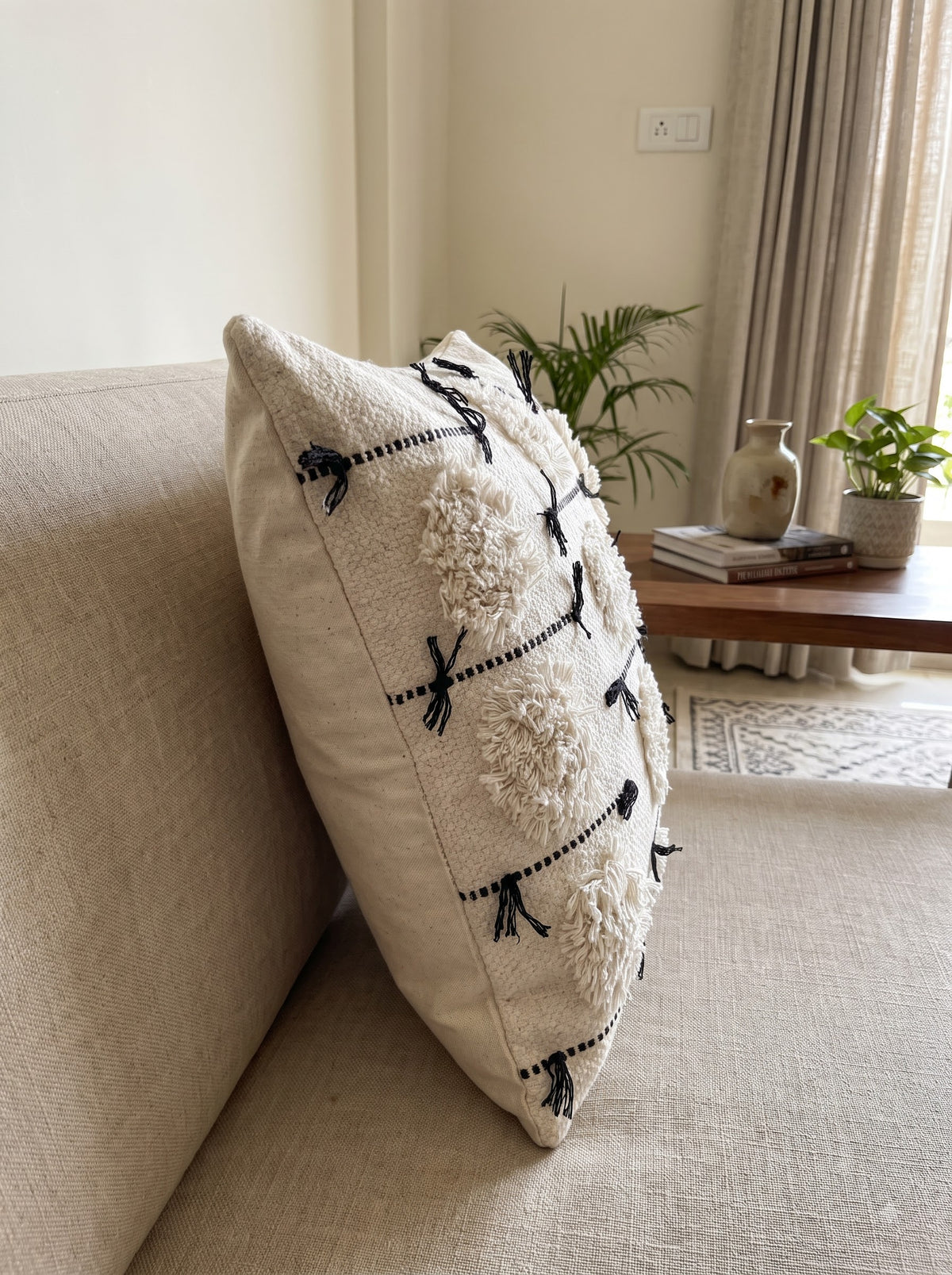 White Textured Embroidered Cotton Square Cushion Cover
