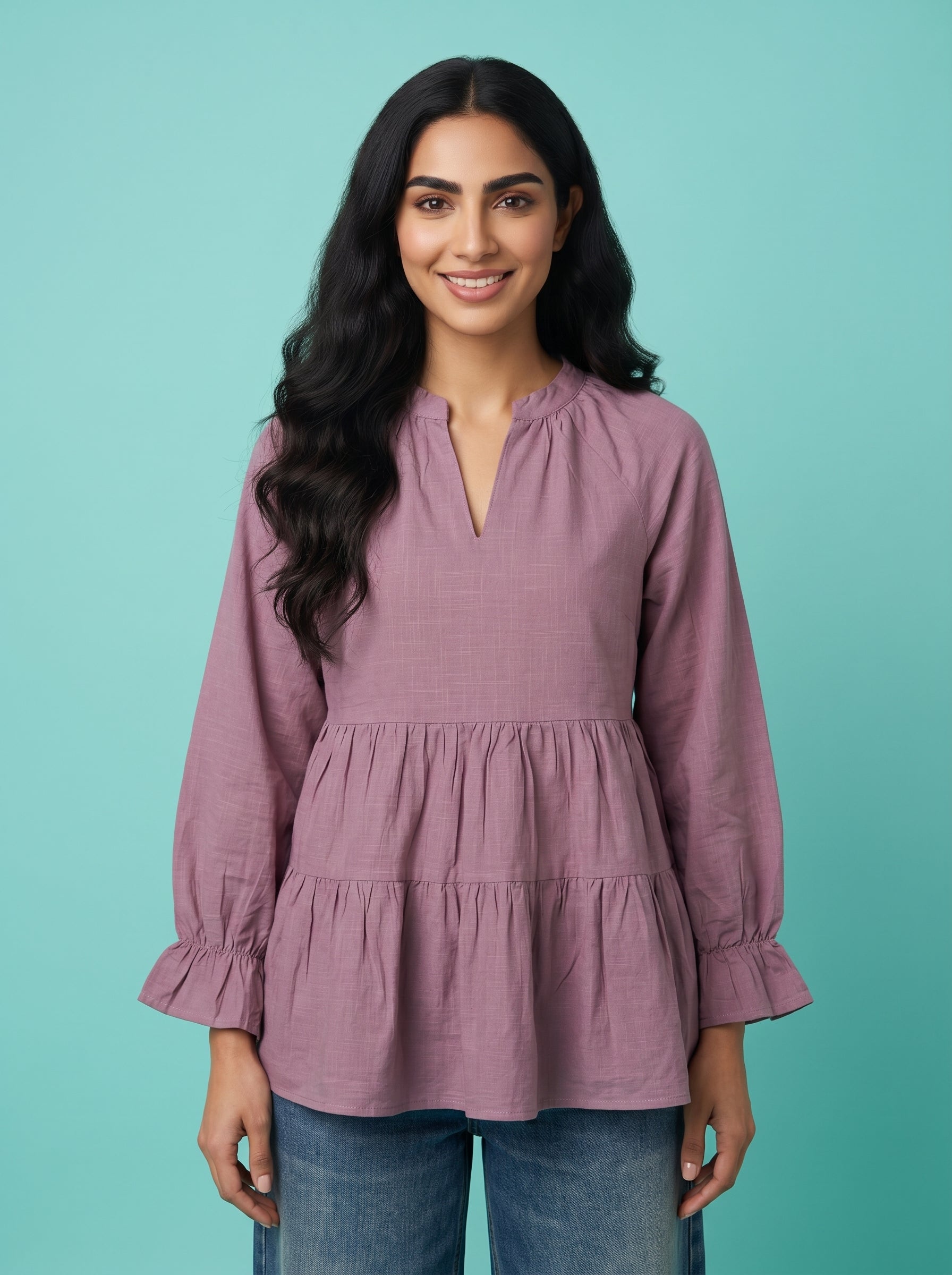 Lavender Solid Mandarin Neck Pure Cotton Top for Women