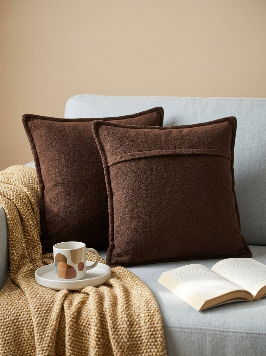 Brown Cotton Square Solid Textured Cushion Cover