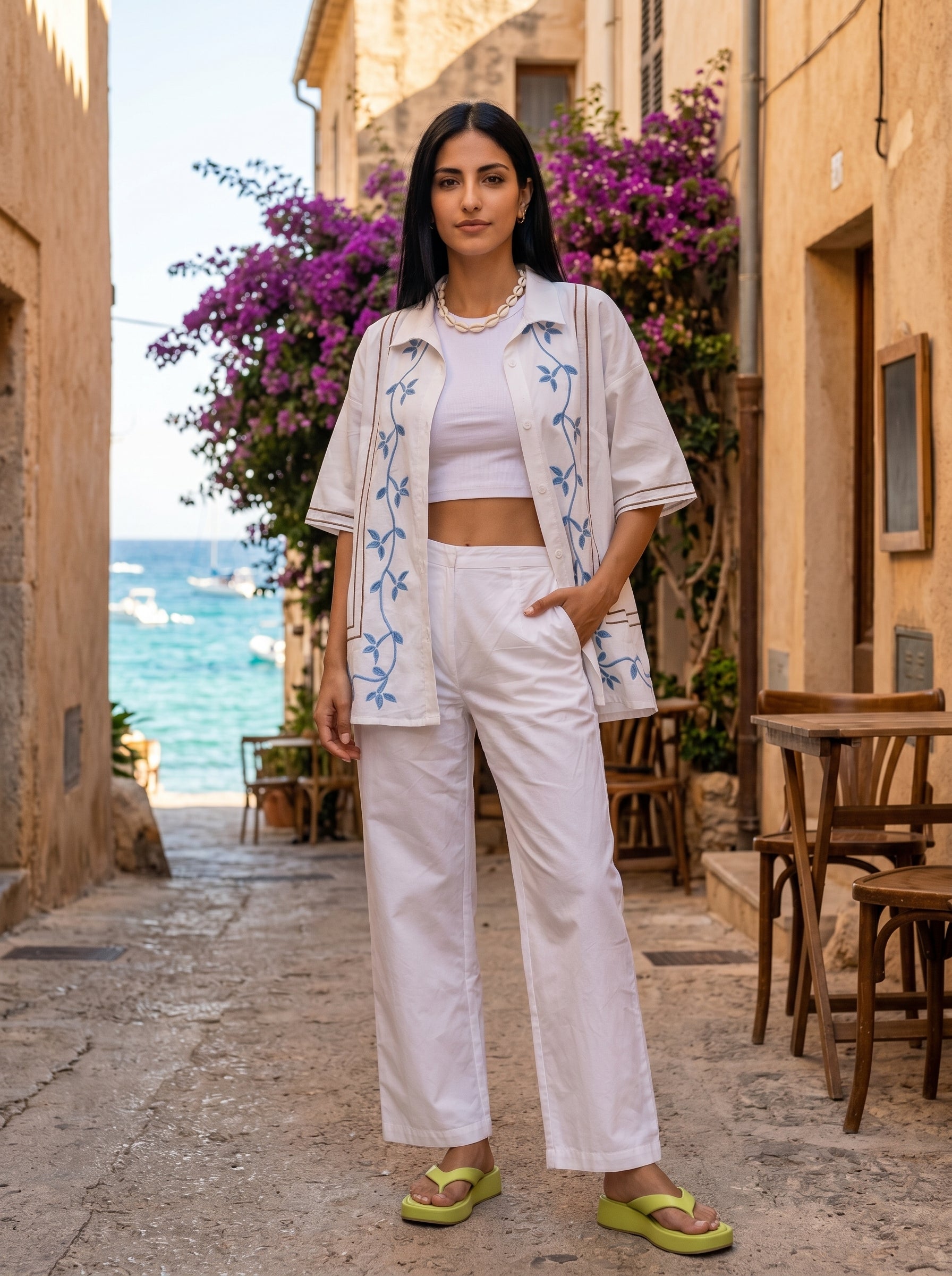 White Shirt Collar Embroidered Pure Cotton Co-Ord Set For Women