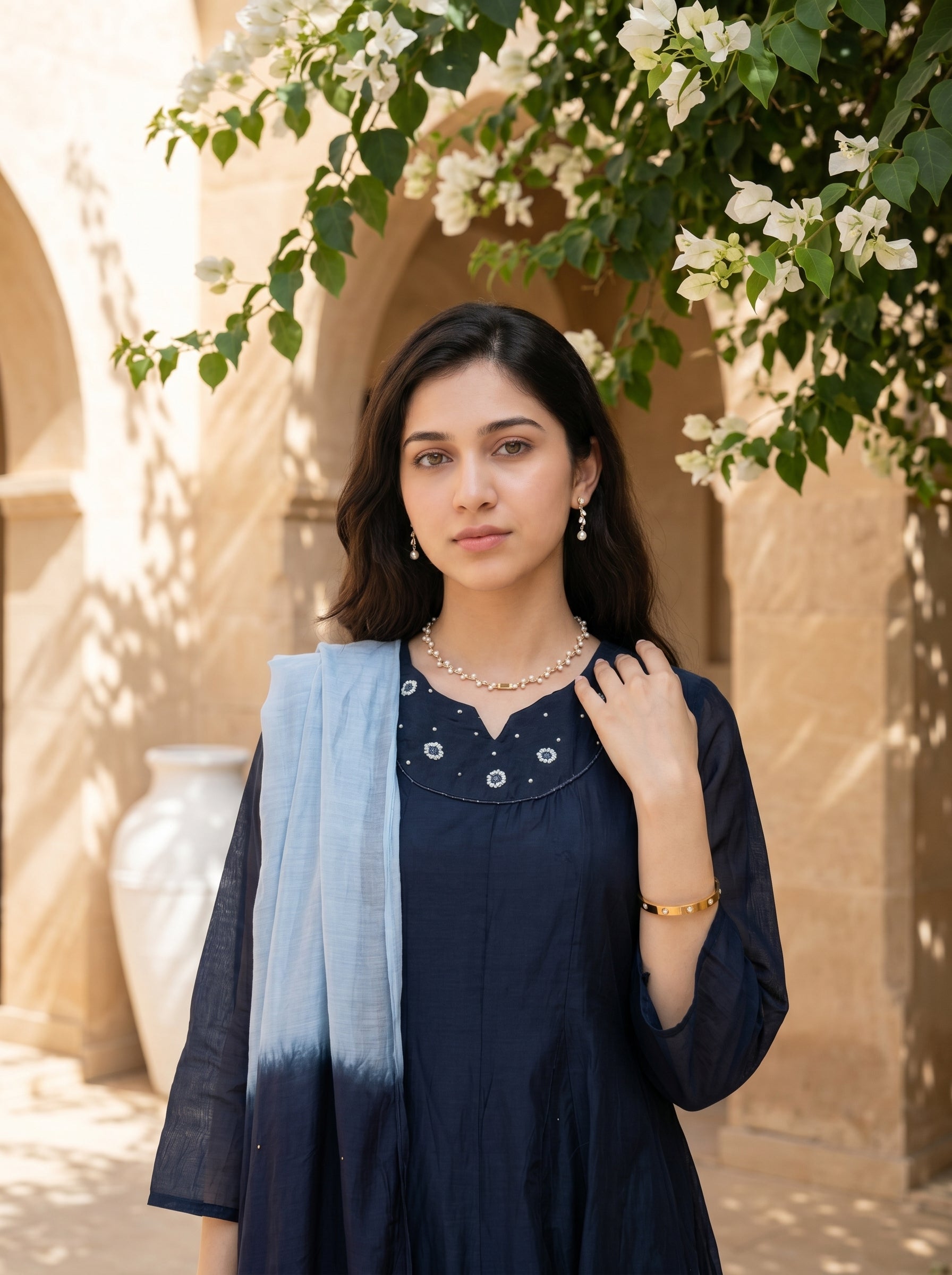 Blue Round Neck Embroidered Flared Cotton Kurta Set For Women