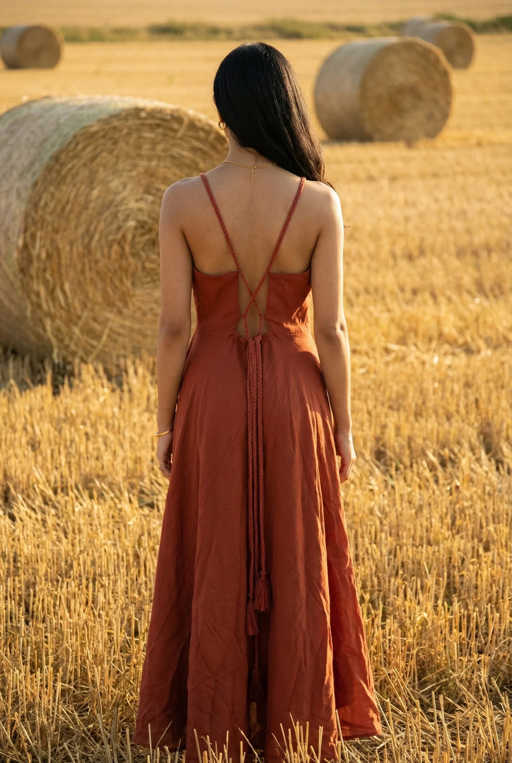 Rust Solid Shoulder Straps Sleeveless Flared Dress For Women