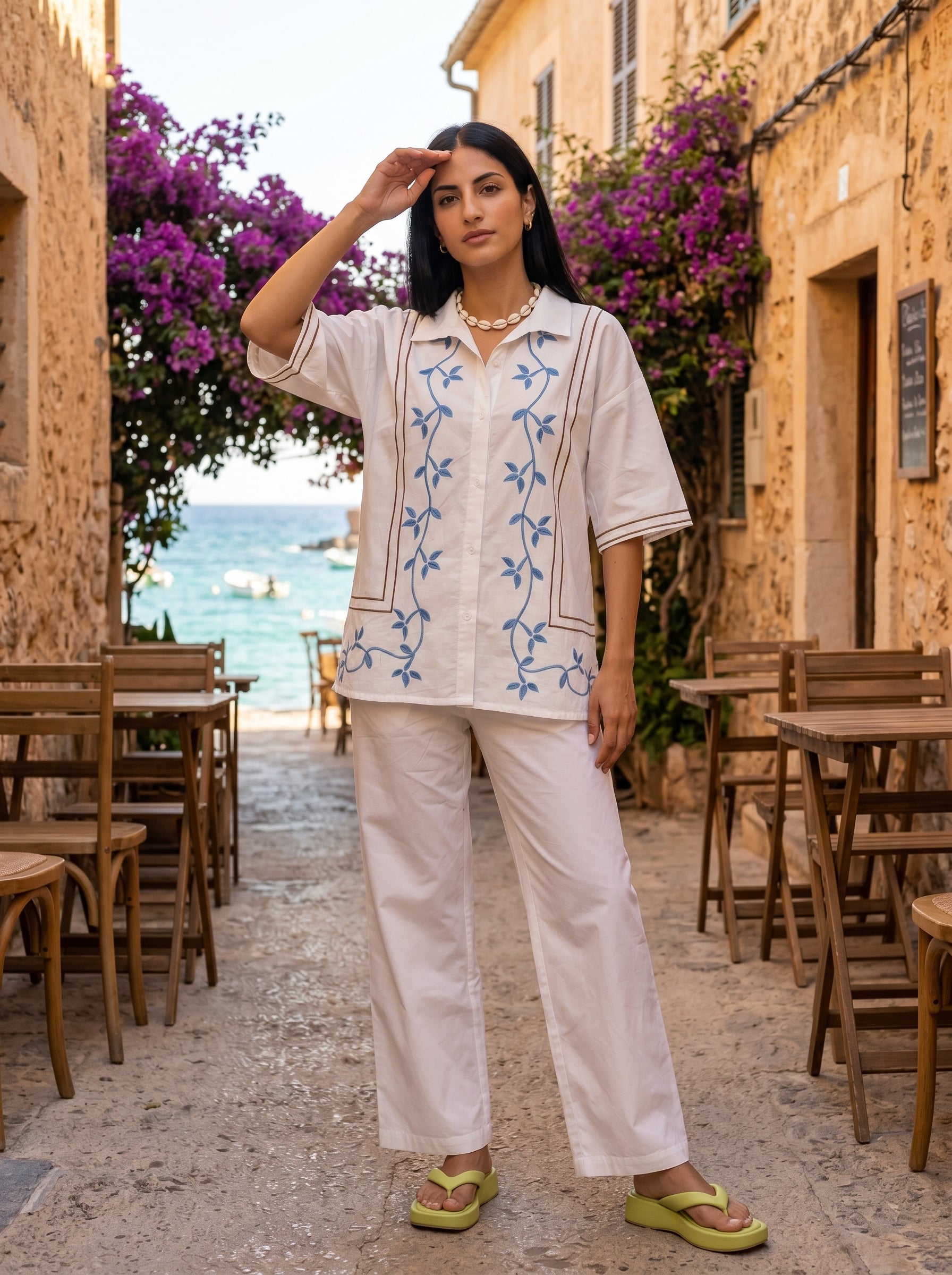 White Shirt Collar Embroidered Pure Cotton Co-Ord Set For Women