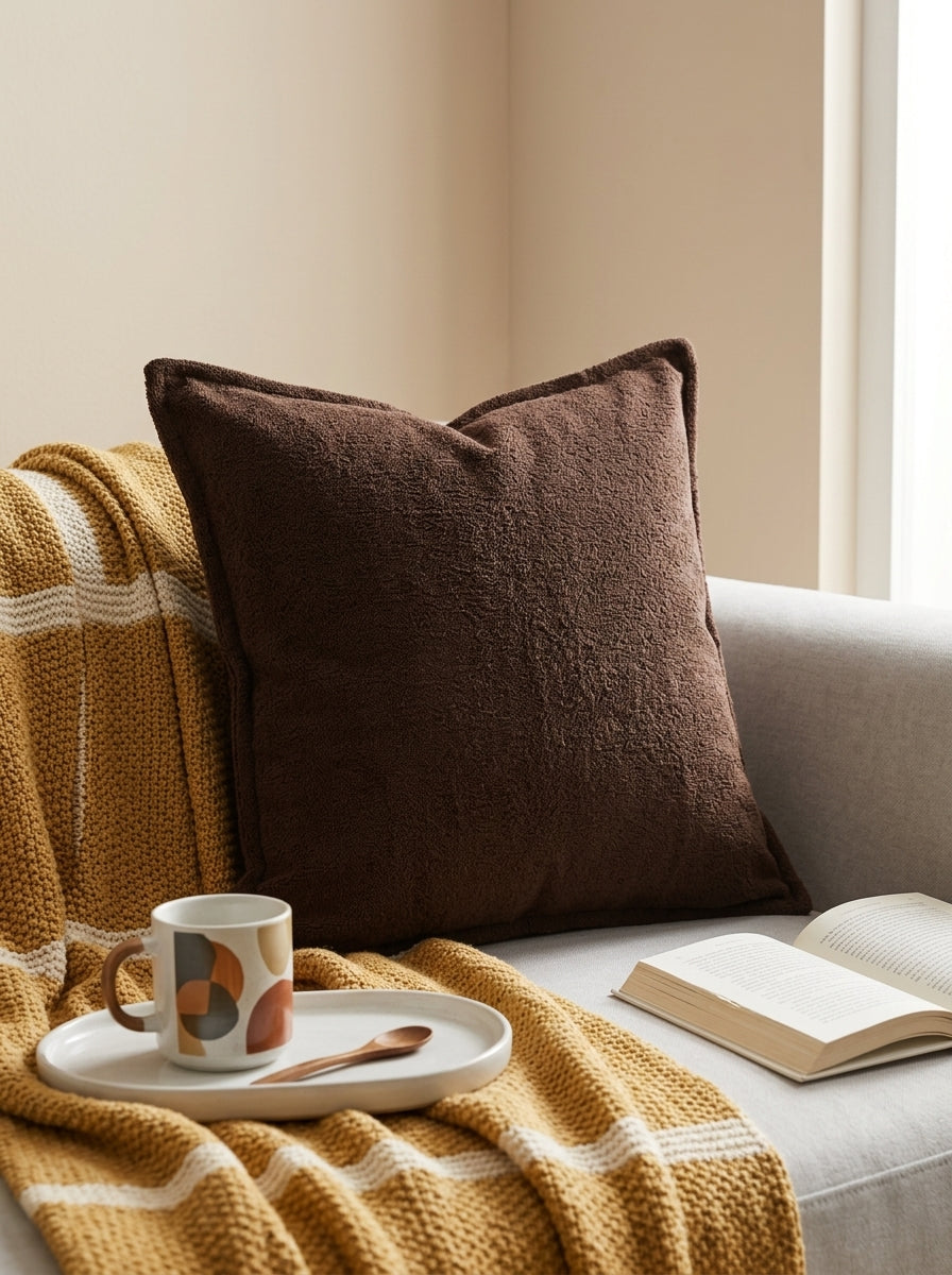 Brown Cotton Square Solid Textured Cushion Cover