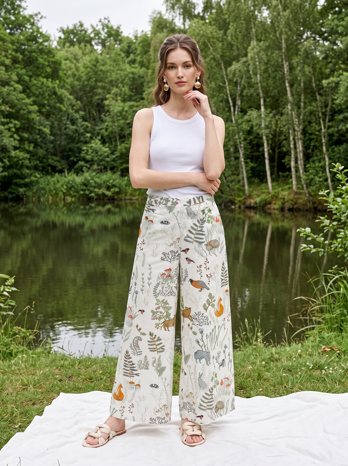 White Abstract Print Pure Cotton Lounge Pants For Women