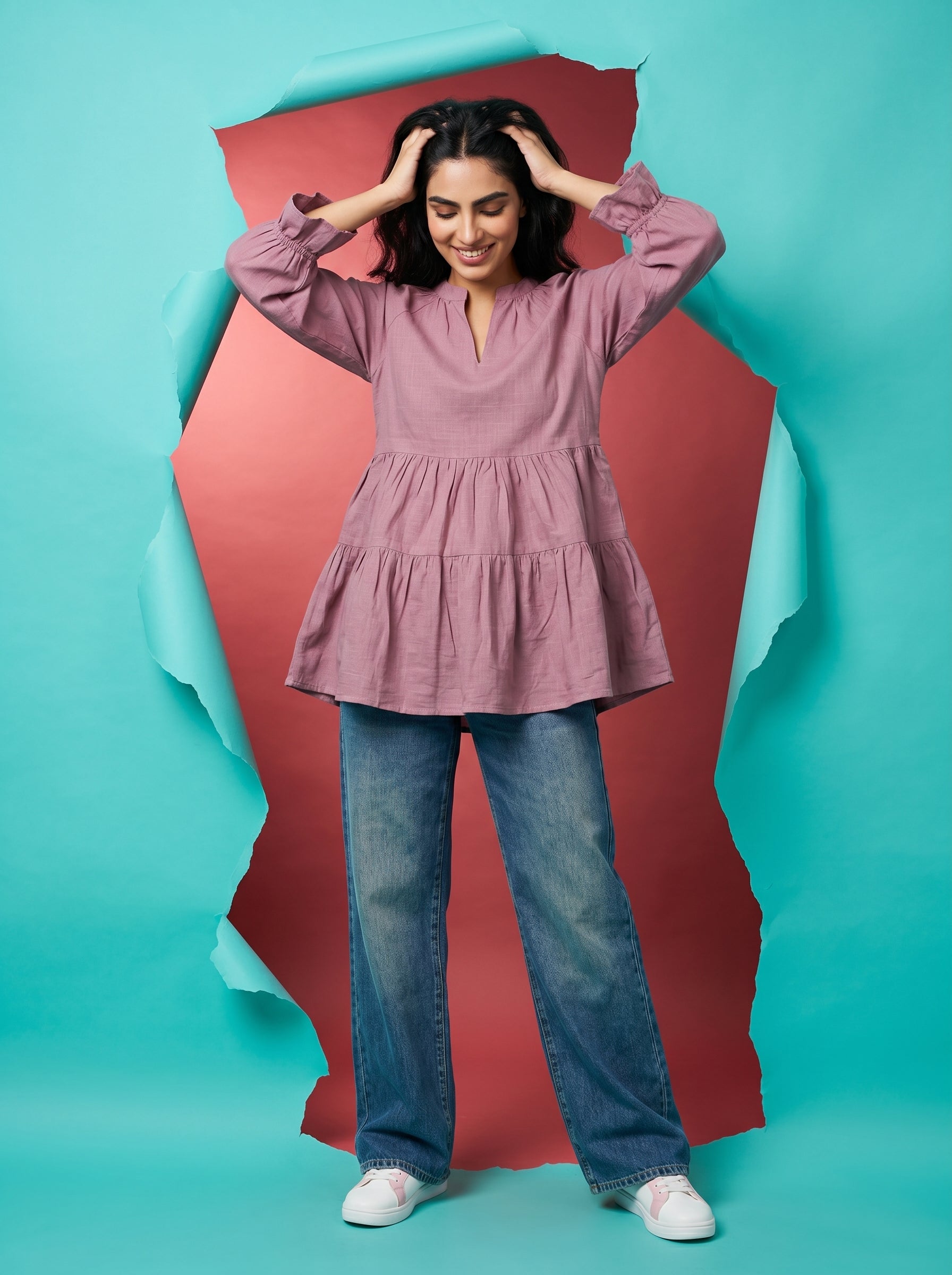 Lavender Solid Mandarin Neck Pure Cotton Top for Women