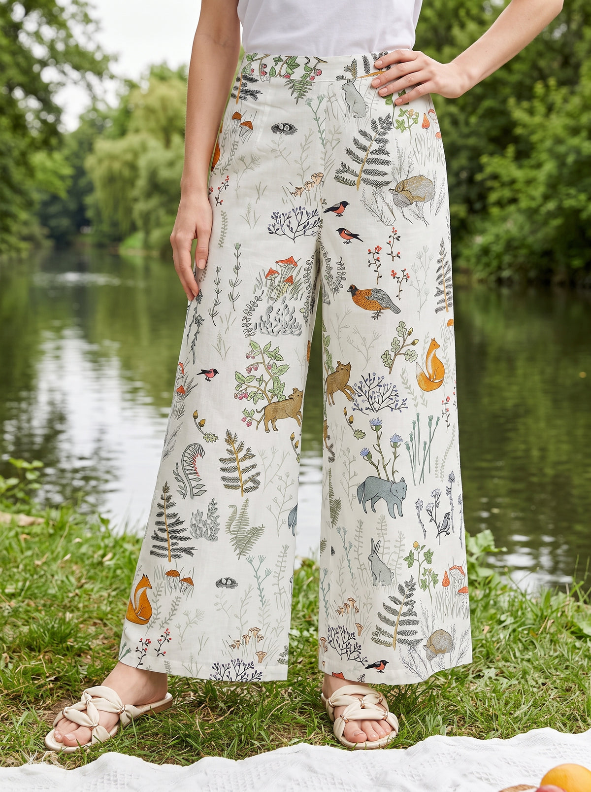 White Abstract Print Pure Cotton Lounge Pants For Women