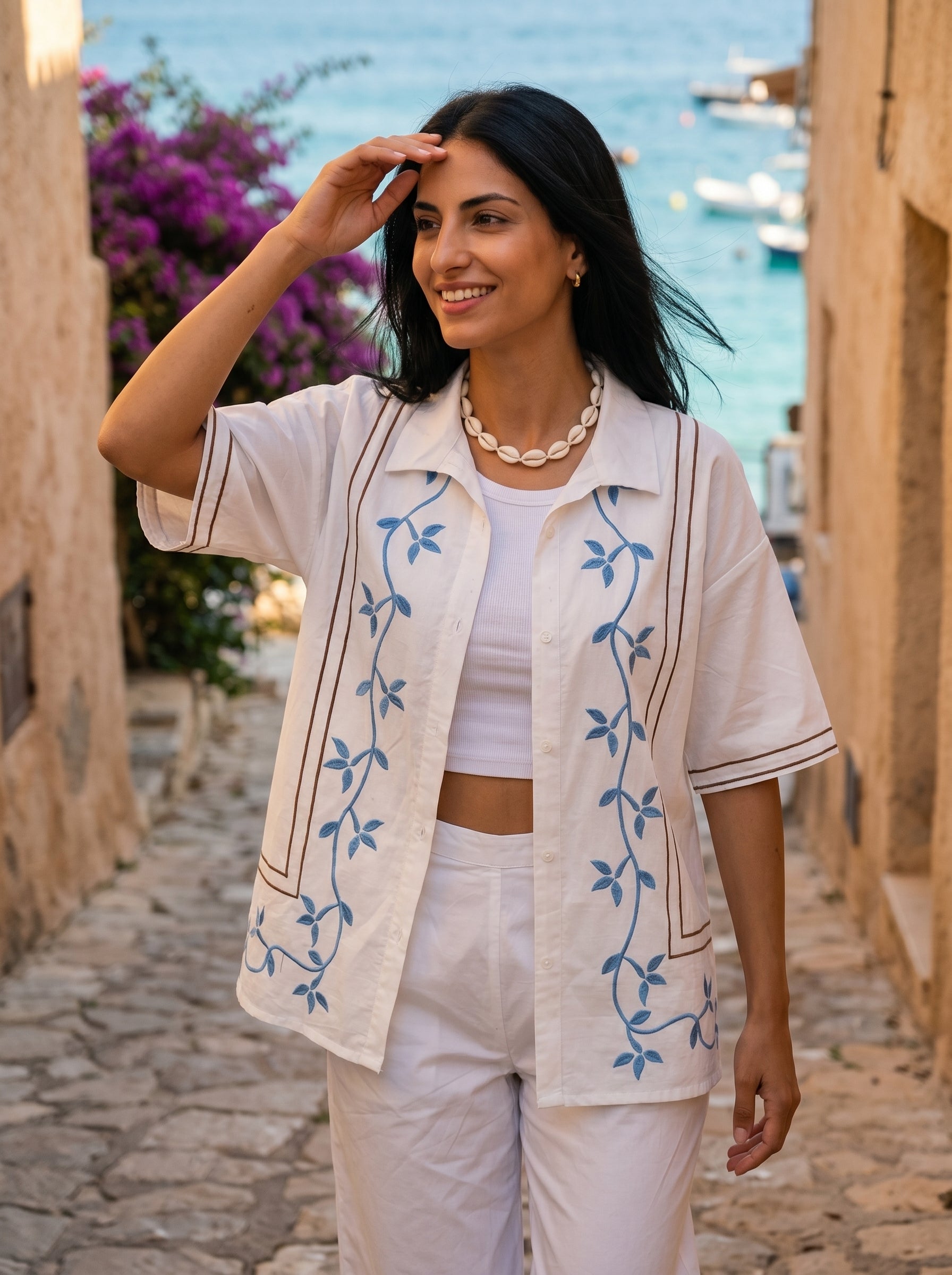 White Shirt Collar Embroidered Pure Cotton Co-Ord Set For Women