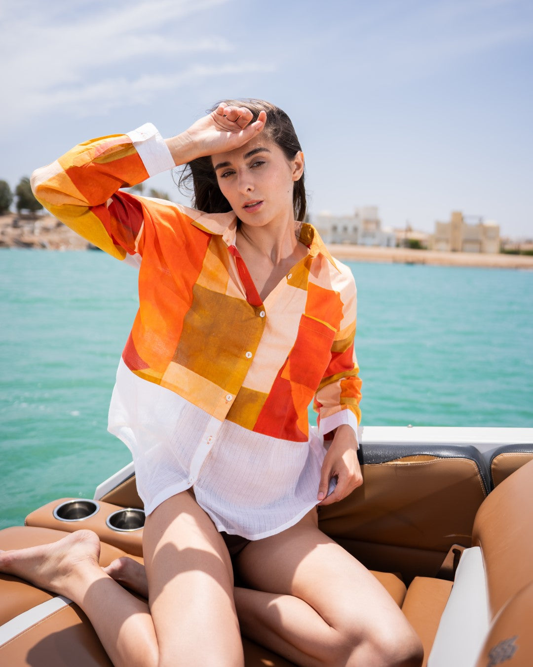 Multi Abstract Print Spread Collar Cotton Shirt For Women